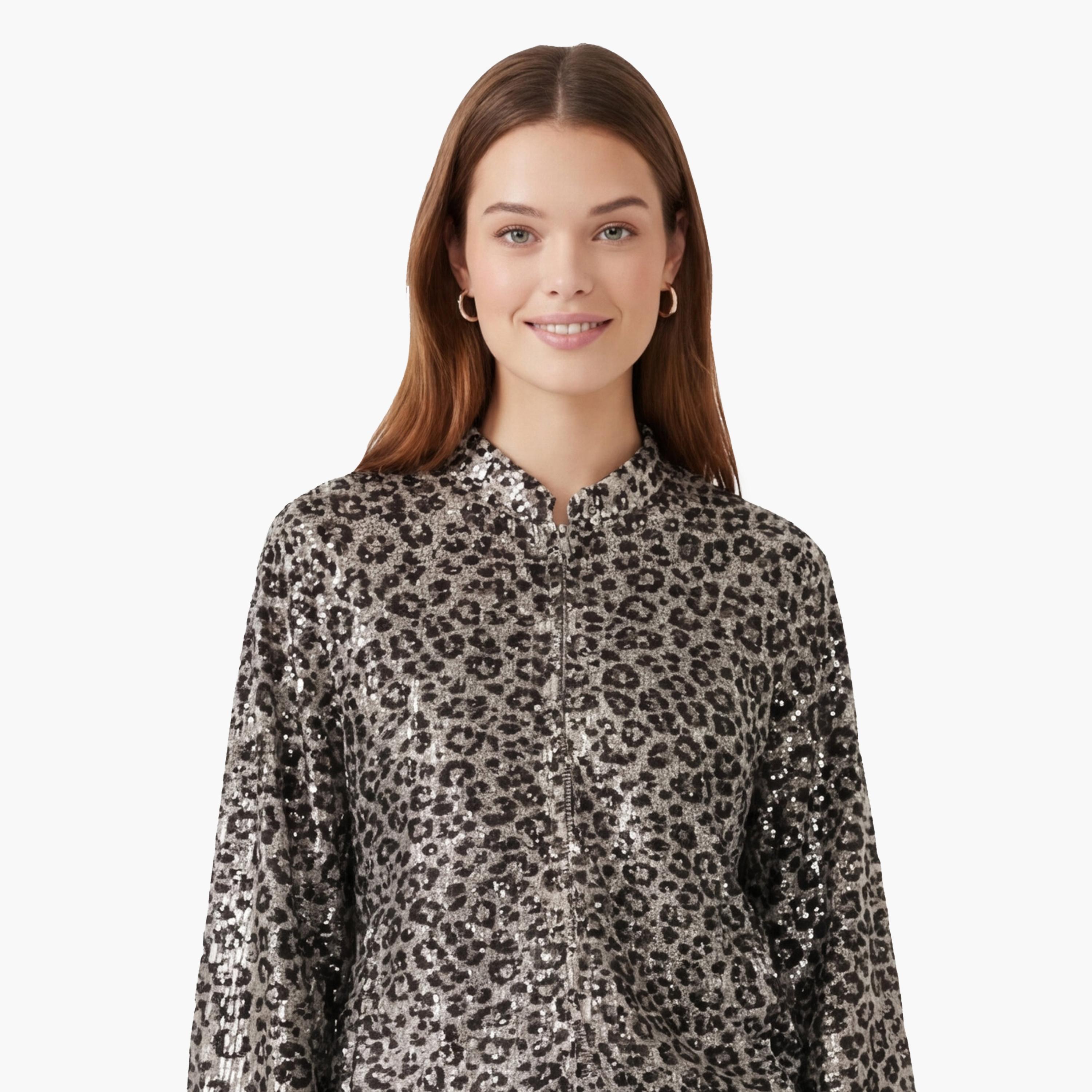 KOTON Brown Sequined & Leopard Print Mandarin Collar Women's Jacket-women-winterwear-coatsandjackets-jackets-image-5