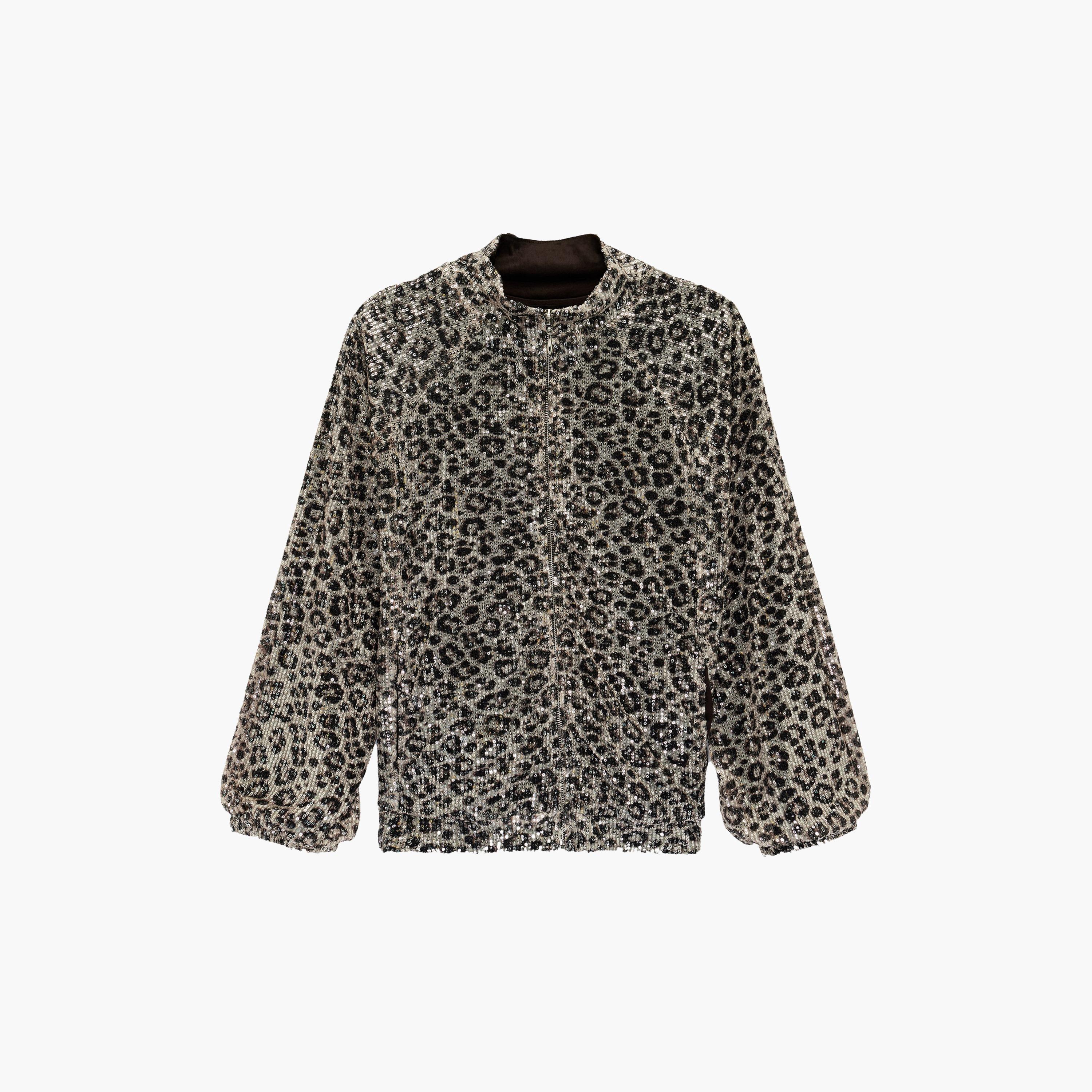 KOTON Brown Sequined & Leopard Print Mandarin Collar Women's Jacket-women-winterwear-coatsandjackets-jackets-image-6