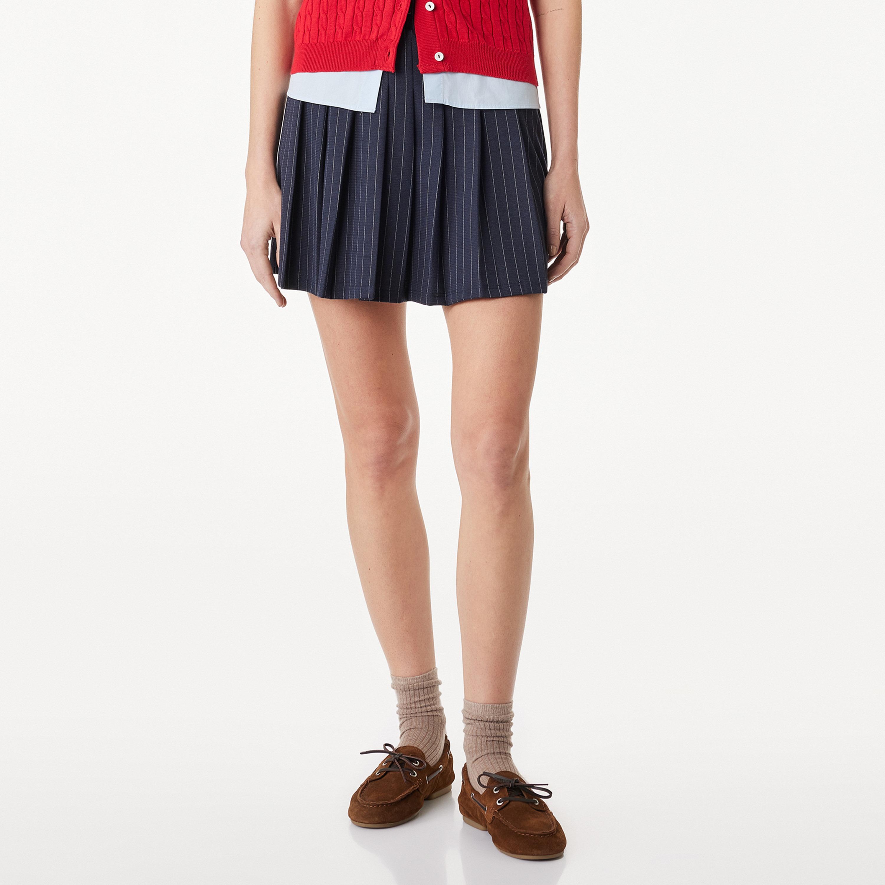 KOTON Navy Striped & Pleated A-Line Women's Mini Skirt-women-clothing-bottoms-skirts-image-1