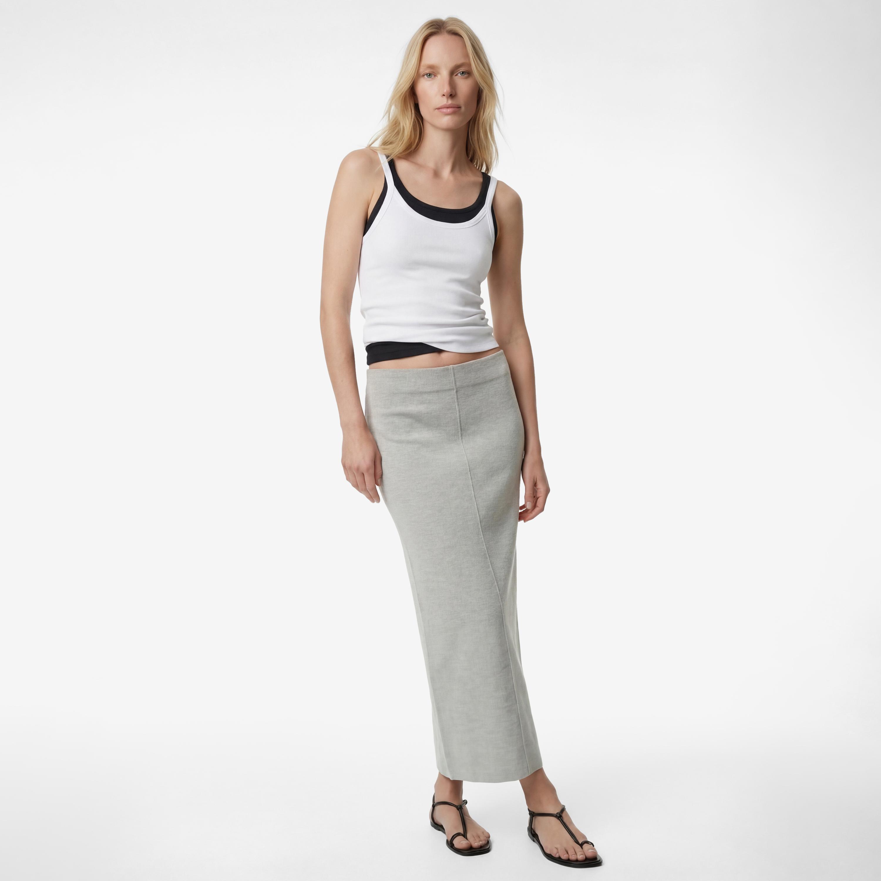 تنورة ماكسي نسائية قصة قلم الرصاص (بنسل) بلون رمادي فاتح من كوتون-women-clothing-bottoms-skirts-image-2