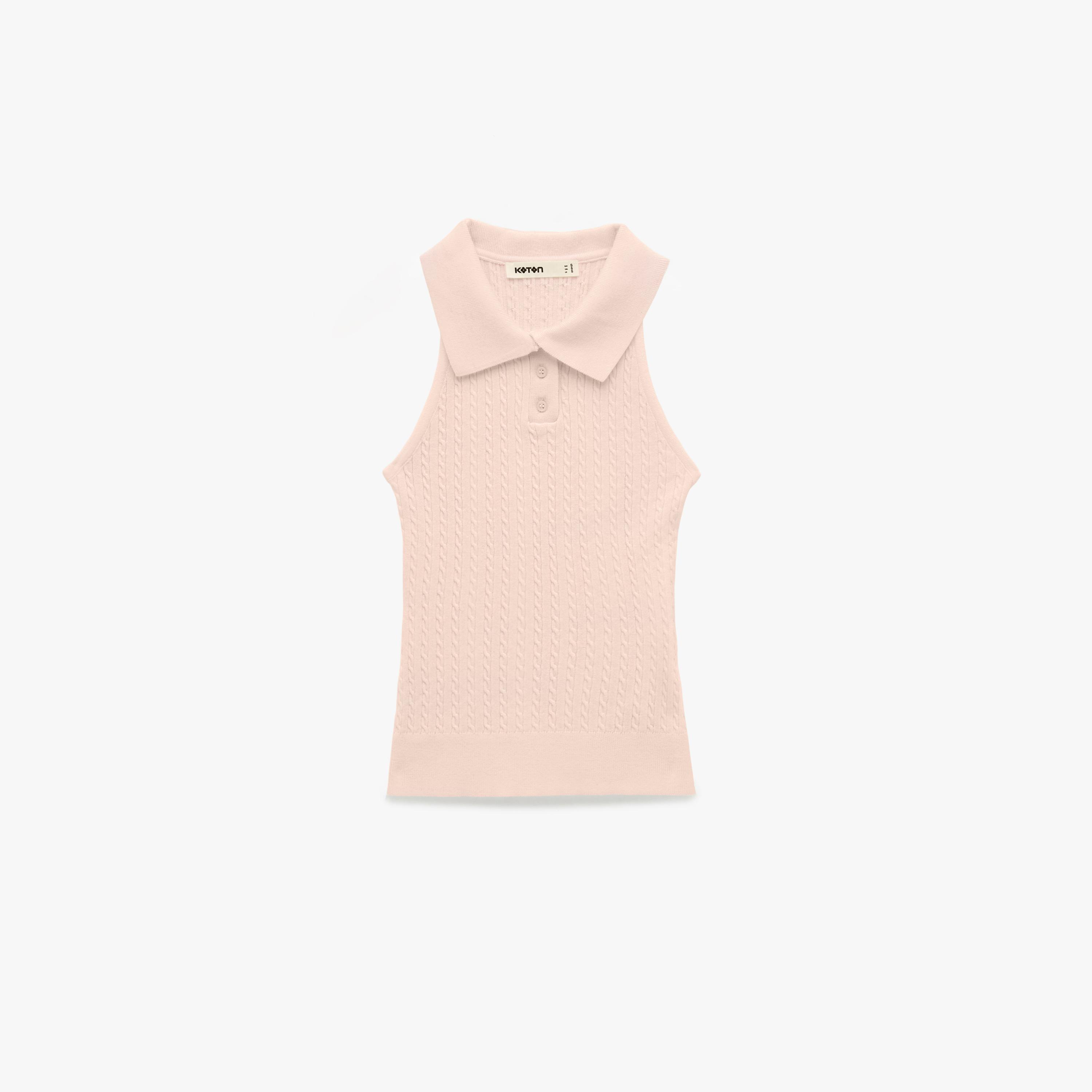 توب نسائي محبوك بضفائر وبياقة قميص بلون وردي من كوتون-women-clothing-shirtsandblouses-blouses-image-3