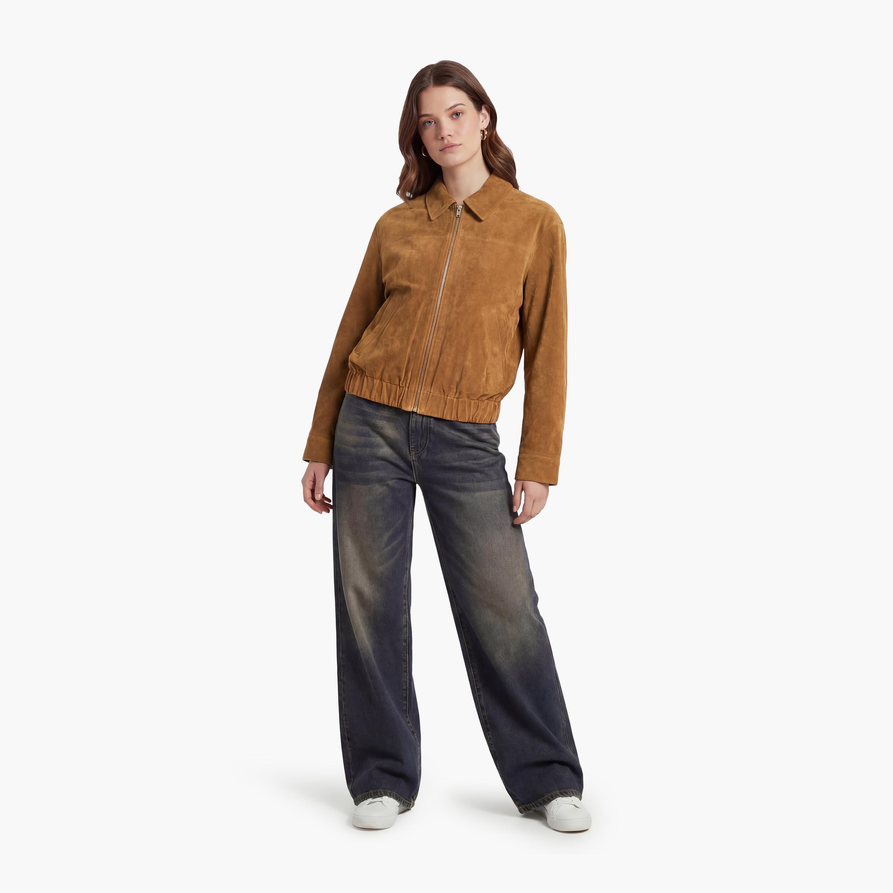KOTON Brown Suede Collared Women's Jacket-women-winterwear-coatsandjackets-jackets-image-2