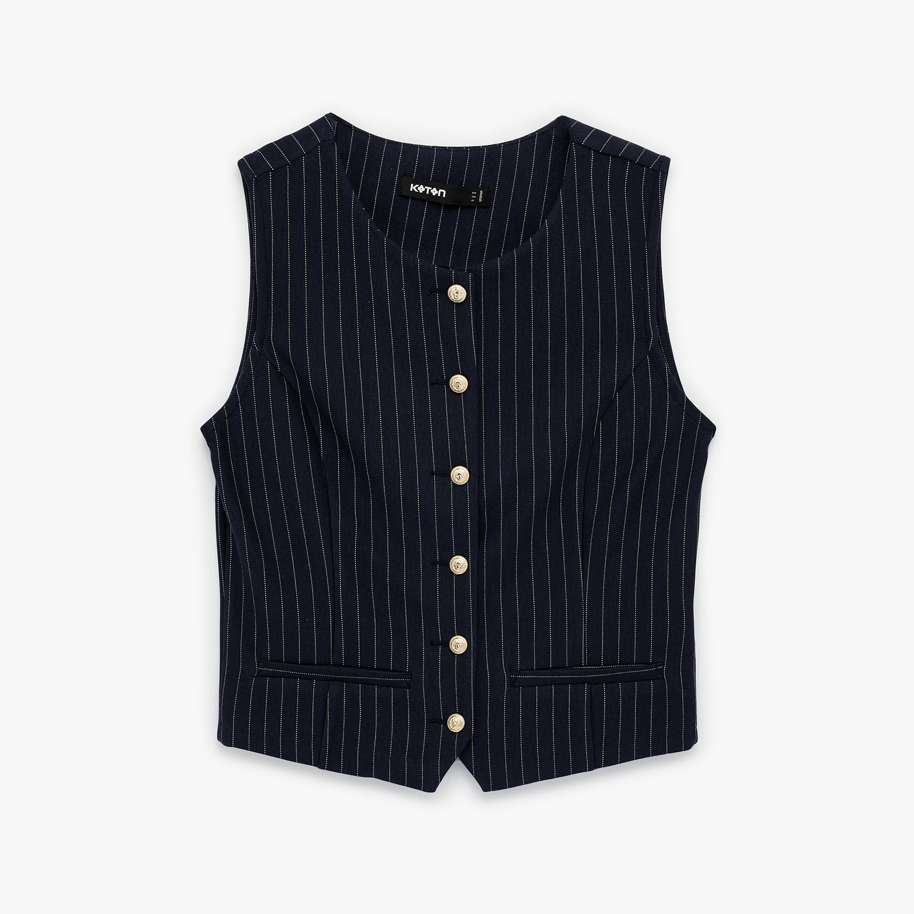KOTON Navy Striped Women's Vest-women-winterwear-coatsandjackets-waistcoats-image-3