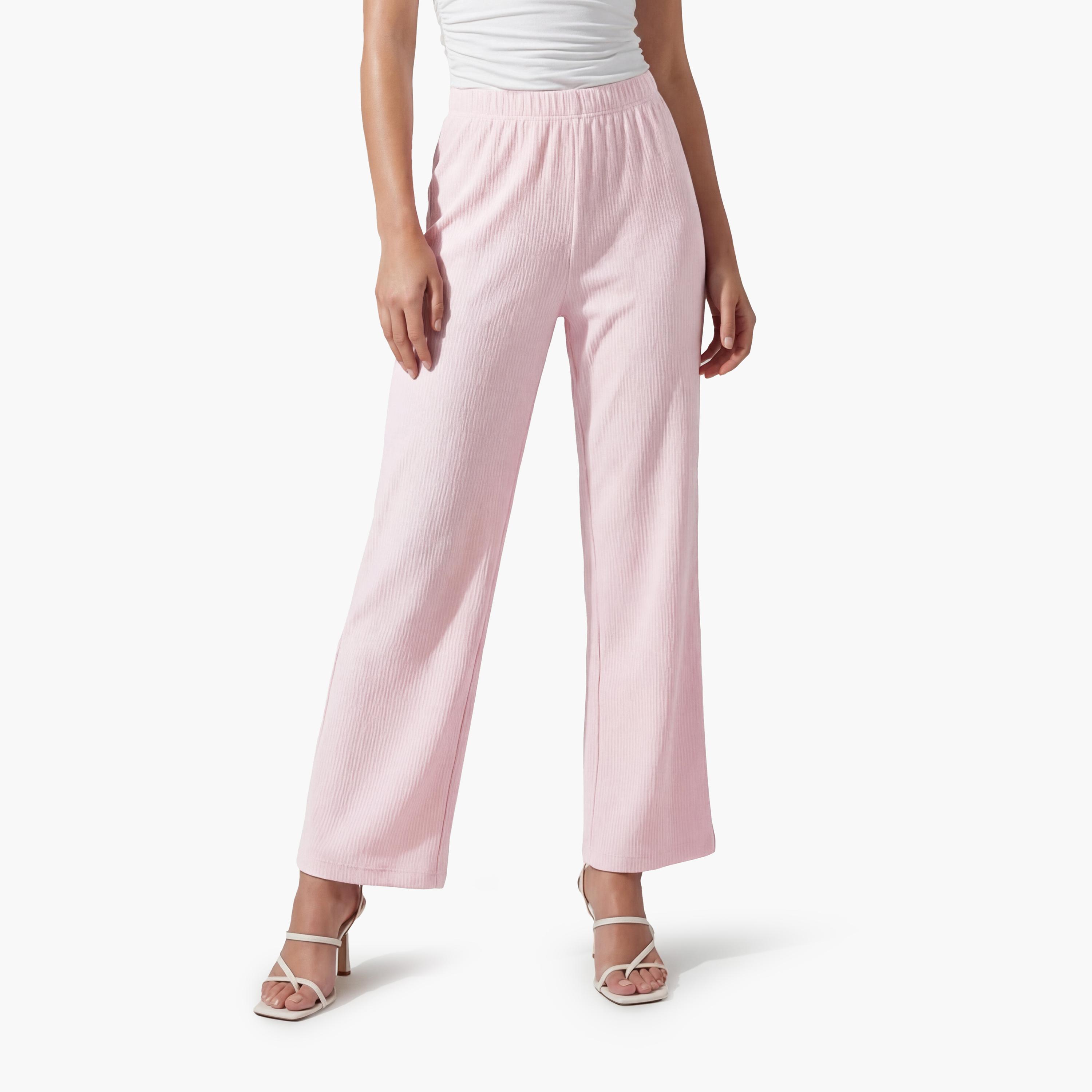 KOTON Pink Textured Elasticated Waist Straight Women's Trousers-women-clothing-bottoms-trousers-image-1