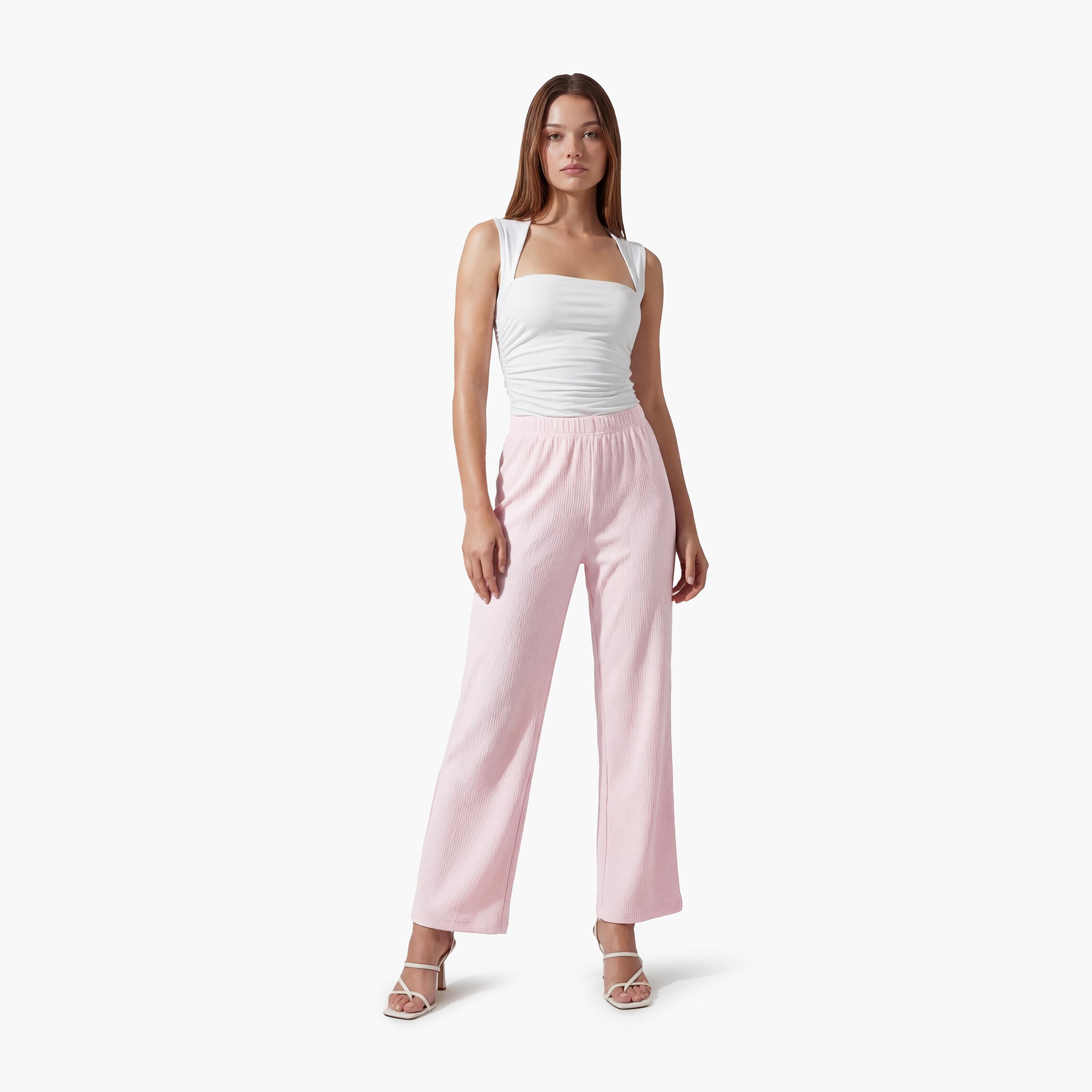 KOTON Pink Textured Elasticated Waist Straight Women's Trousers-women-clothing-bottoms-trousers-image-2