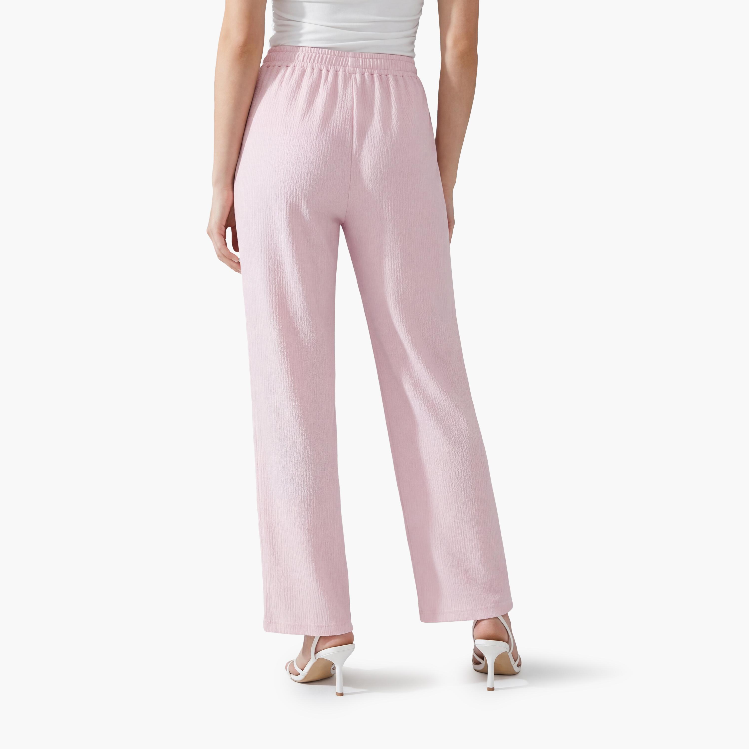KOTON Pink Textured Elasticated Waist Straight Women's Trousers-women-clothing-bottoms-trousers-image-3