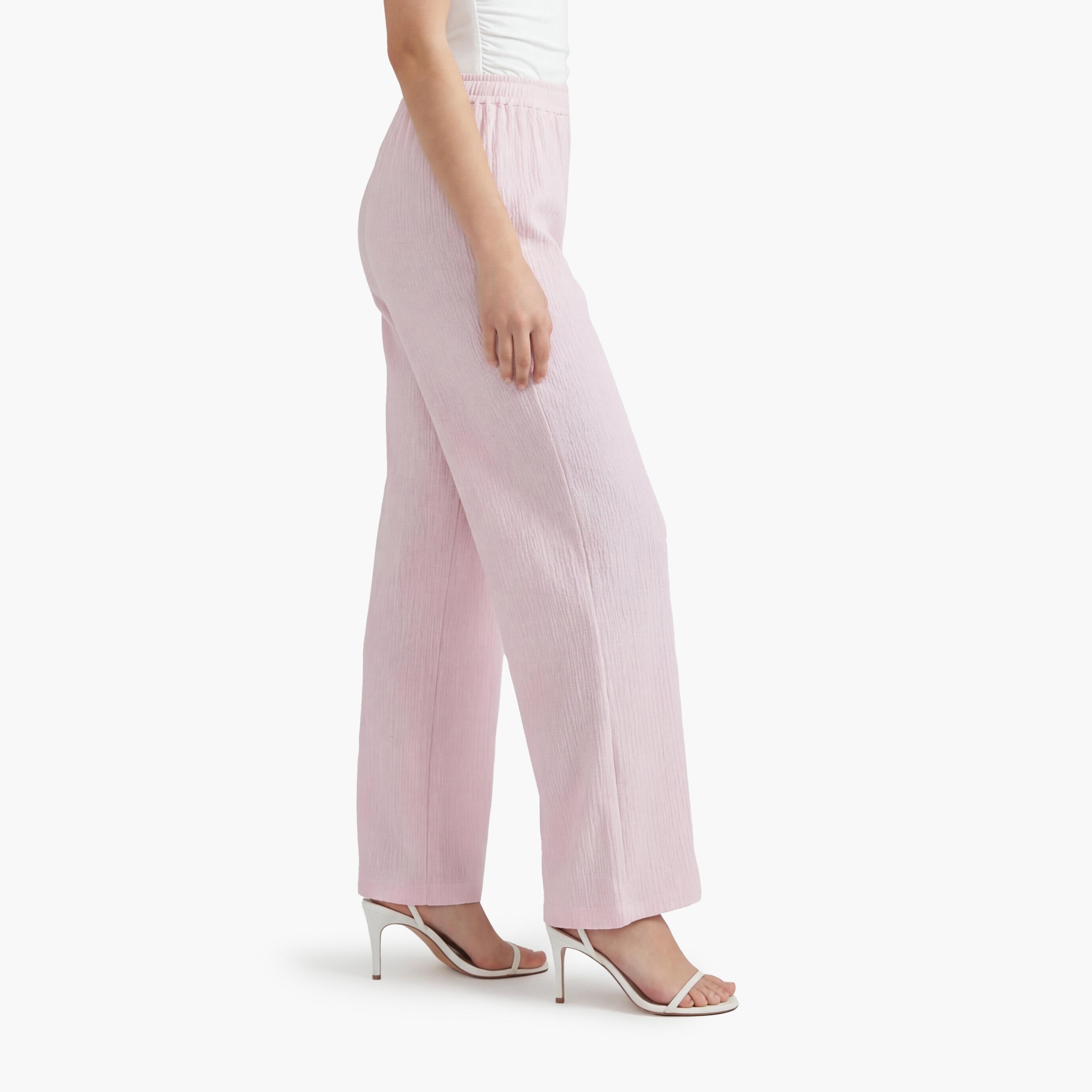 KOTON Pink Textured Elasticated Waist Straight Women's Trousers-women-clothing-bottoms-trousers-image-4