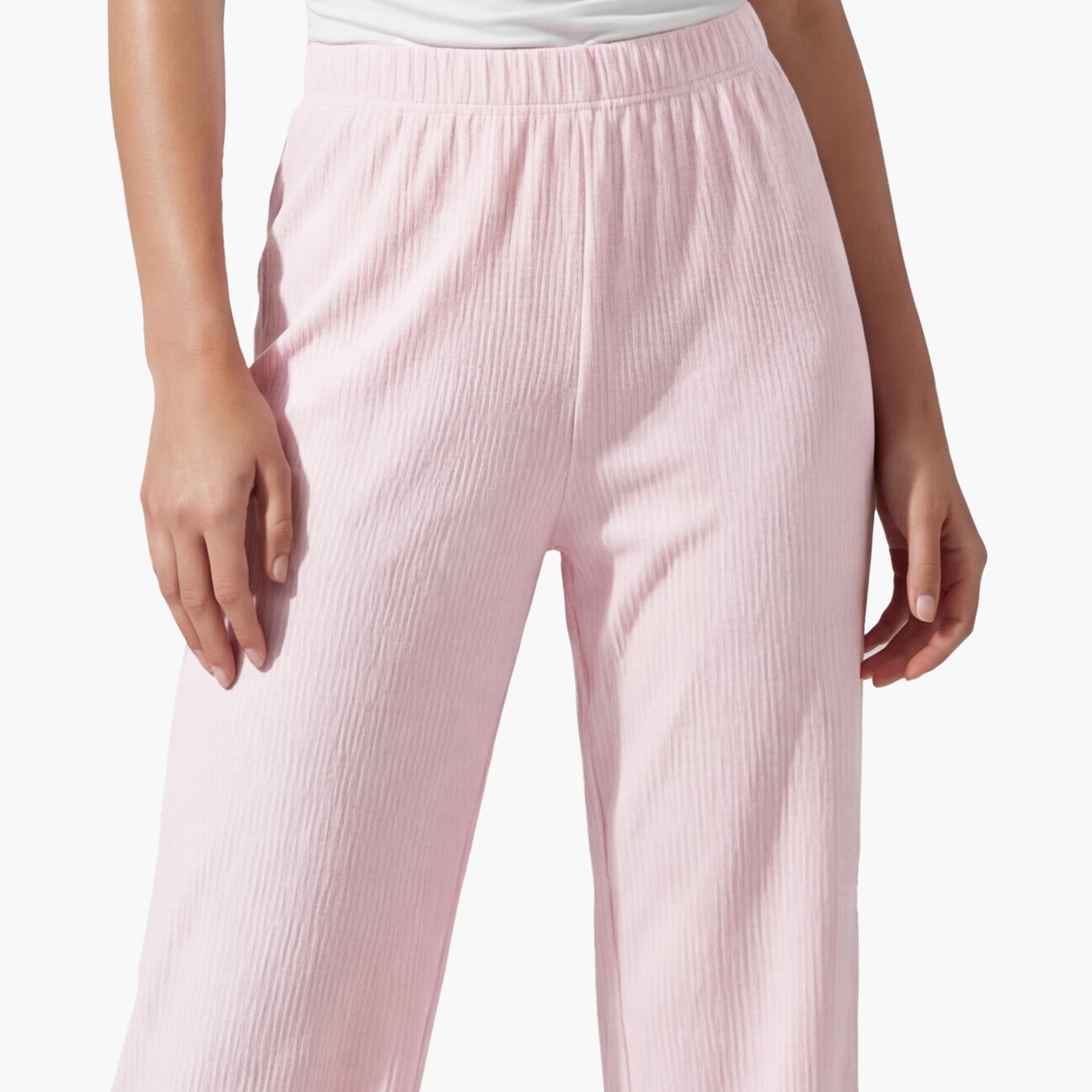 KOTON Pink Textured Elasticated Waist Straight Women's Trousers-women-clothing-bottoms-trousers-image-5