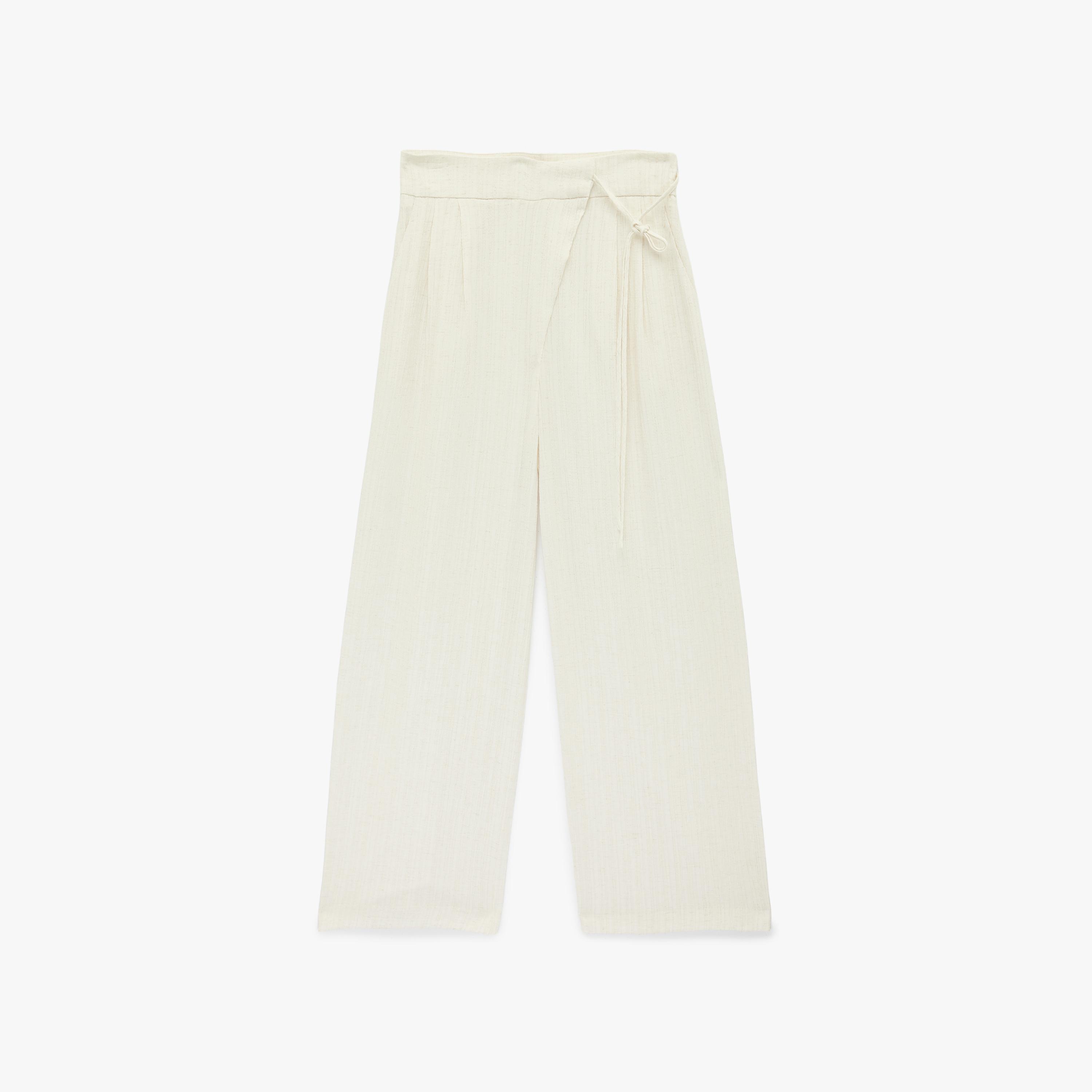 بنطلون نسائي واسع الساق بخصر برباط وقماش كتان بارز بلون بيج من كوتون-women-clothing-bottoms-trousers-image-1