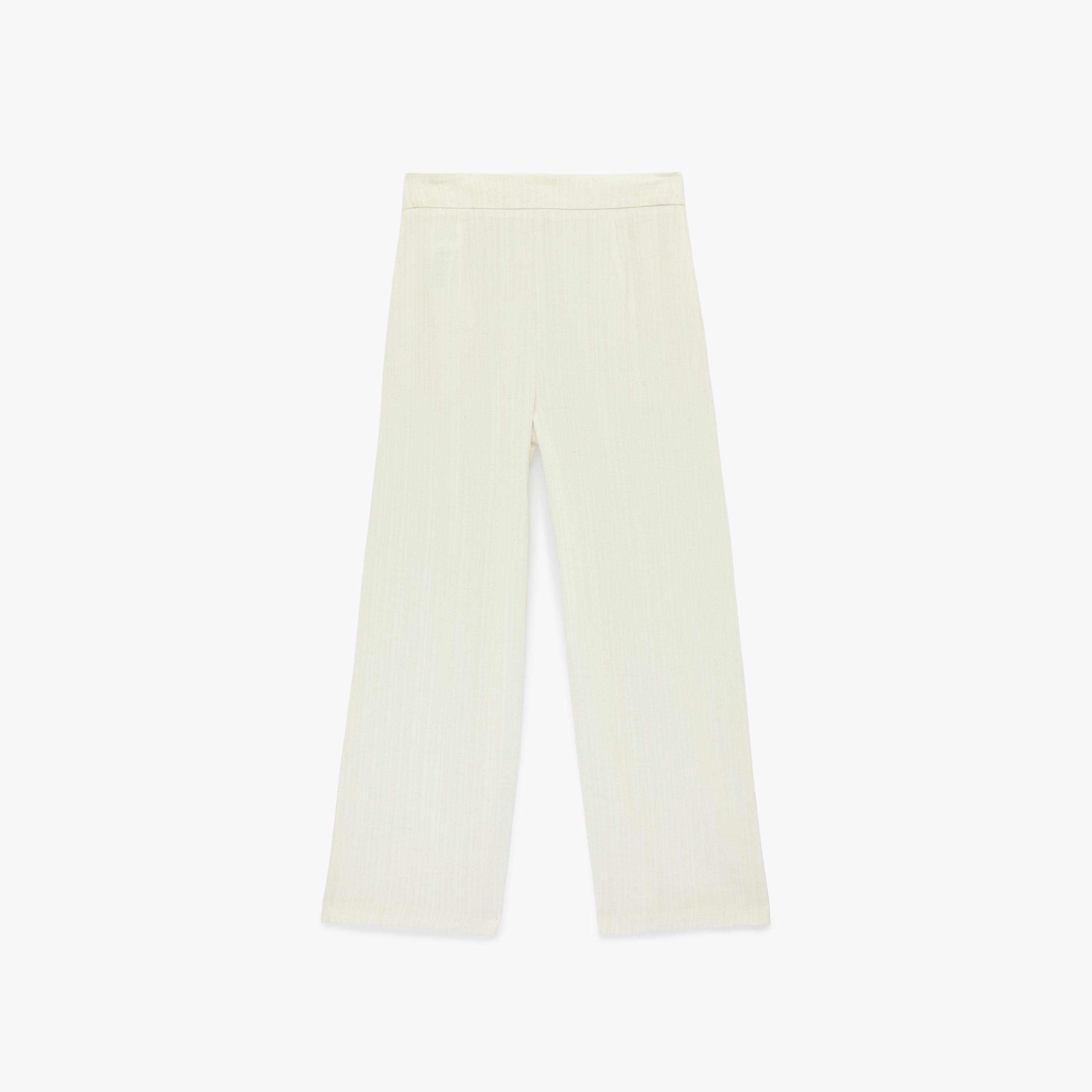 بنطلون نسائي واسع الساق بخصر برباط وقماش كتان بارز بلون بيج من كوتون-women-clothing-bottoms-trousers-image-2