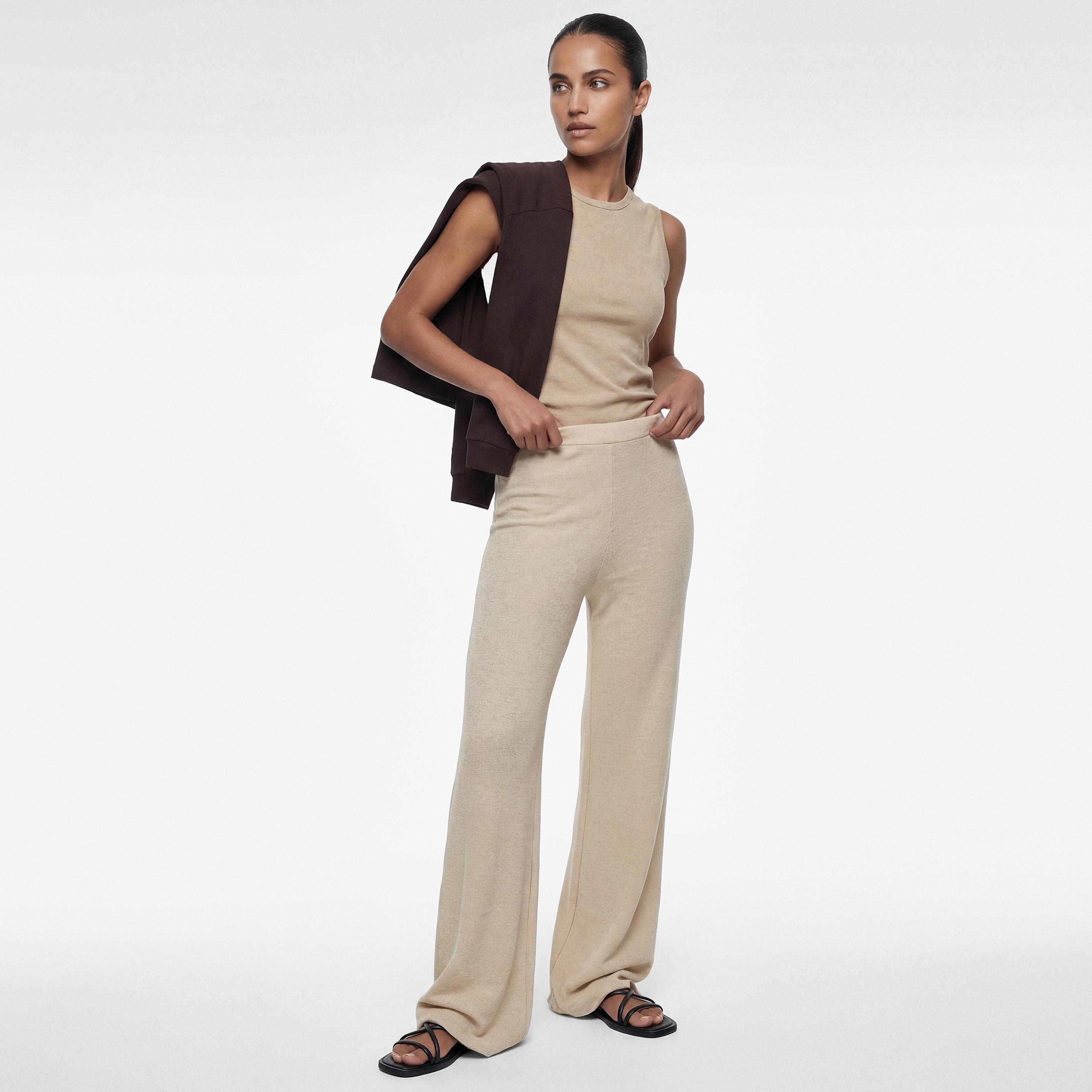 KOTON Beige Textured Wide Leg Women's Trousers-women-clothing-bottoms-trousers-image-2
