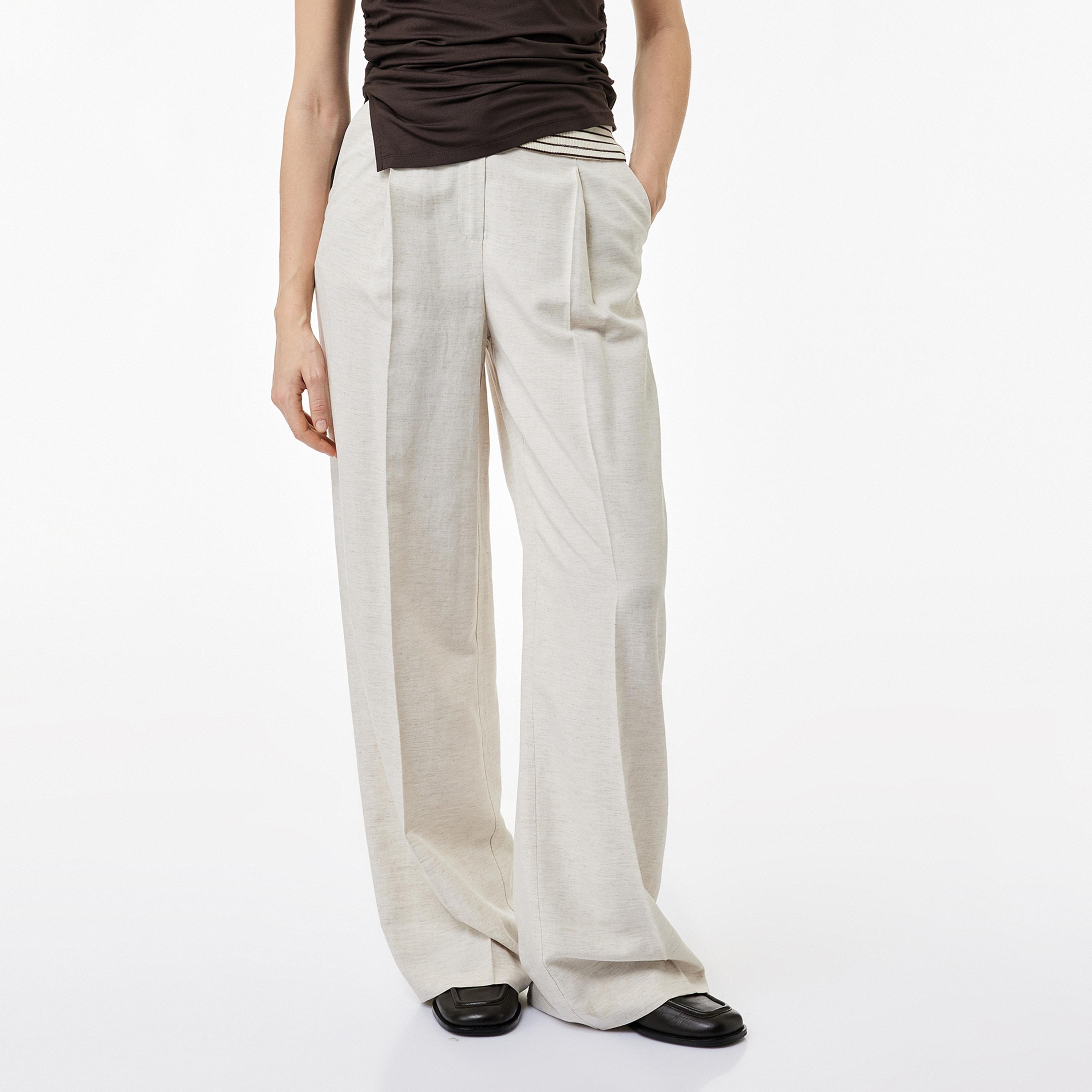 KOTON Beige Heathered Linen Hook and Bar Wide Leg Women's Trousers-women-clothing-bottoms-trousers-image-1