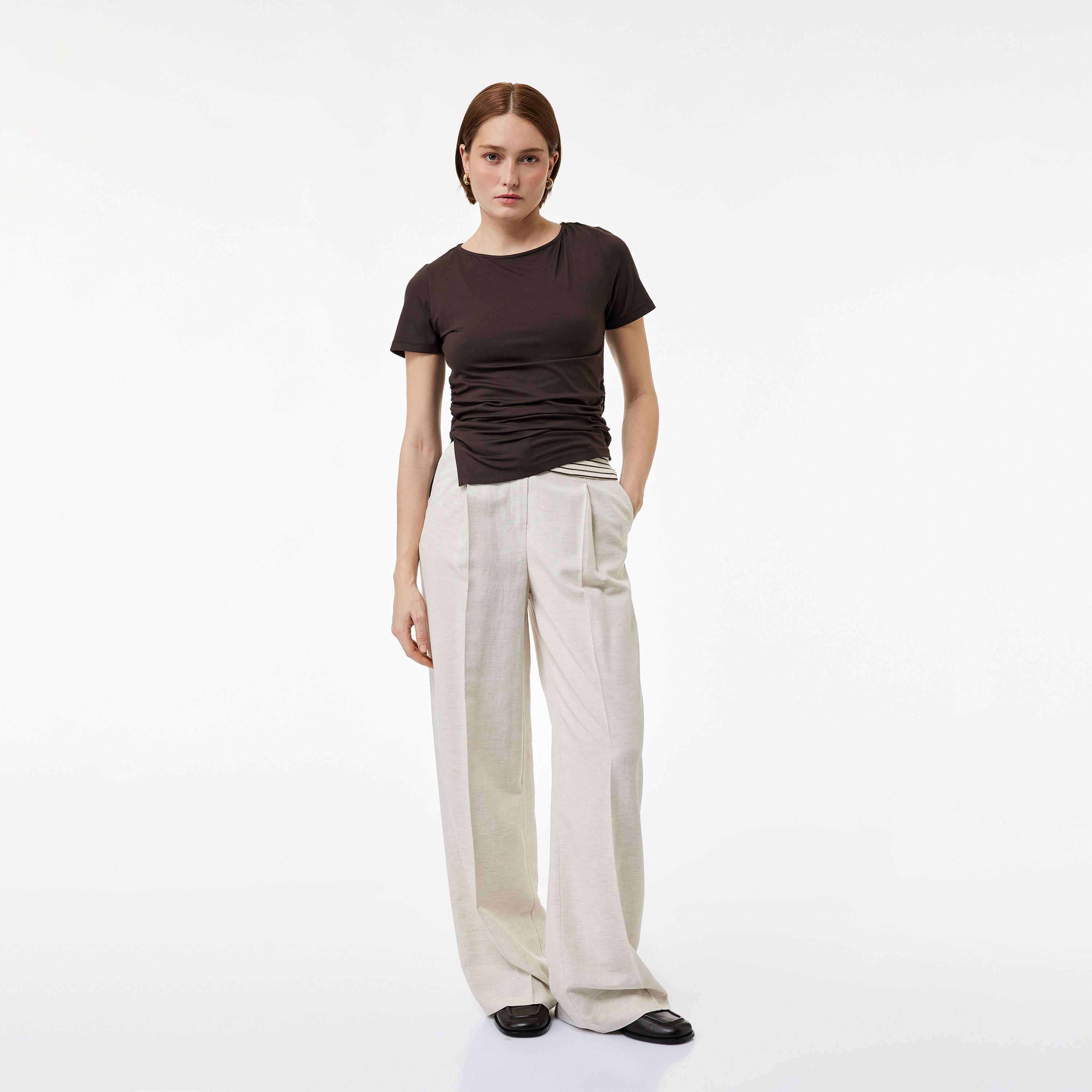 KOTON Beige Heathered Linen Hook and Bar Wide Leg Women's Trousers-women-clothing-bottoms-trousers-image-2