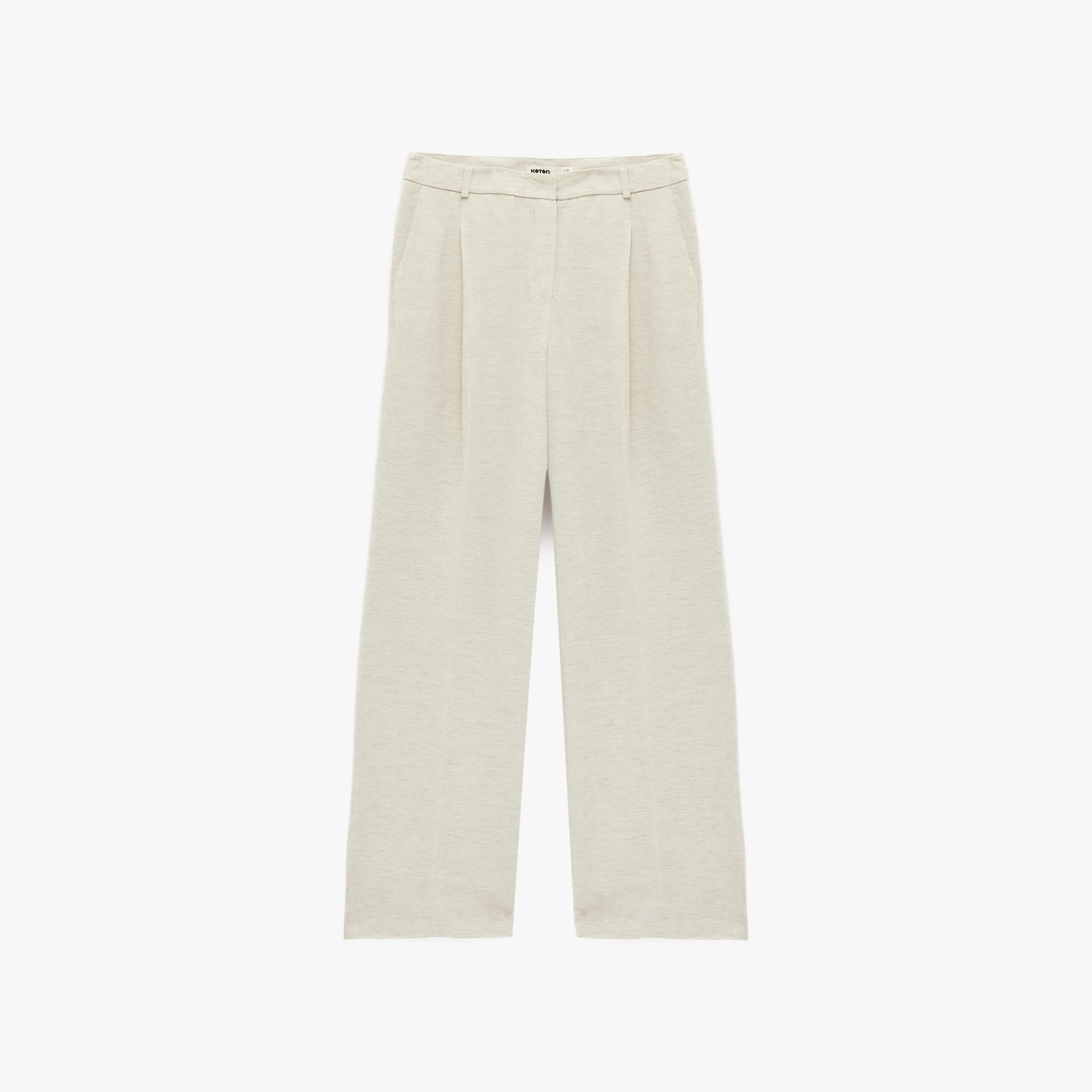 KOTON Beige Heathered Linen Hook and Bar Wide Leg Women's Trousers-women-clothing-bottoms-trousers-image-4