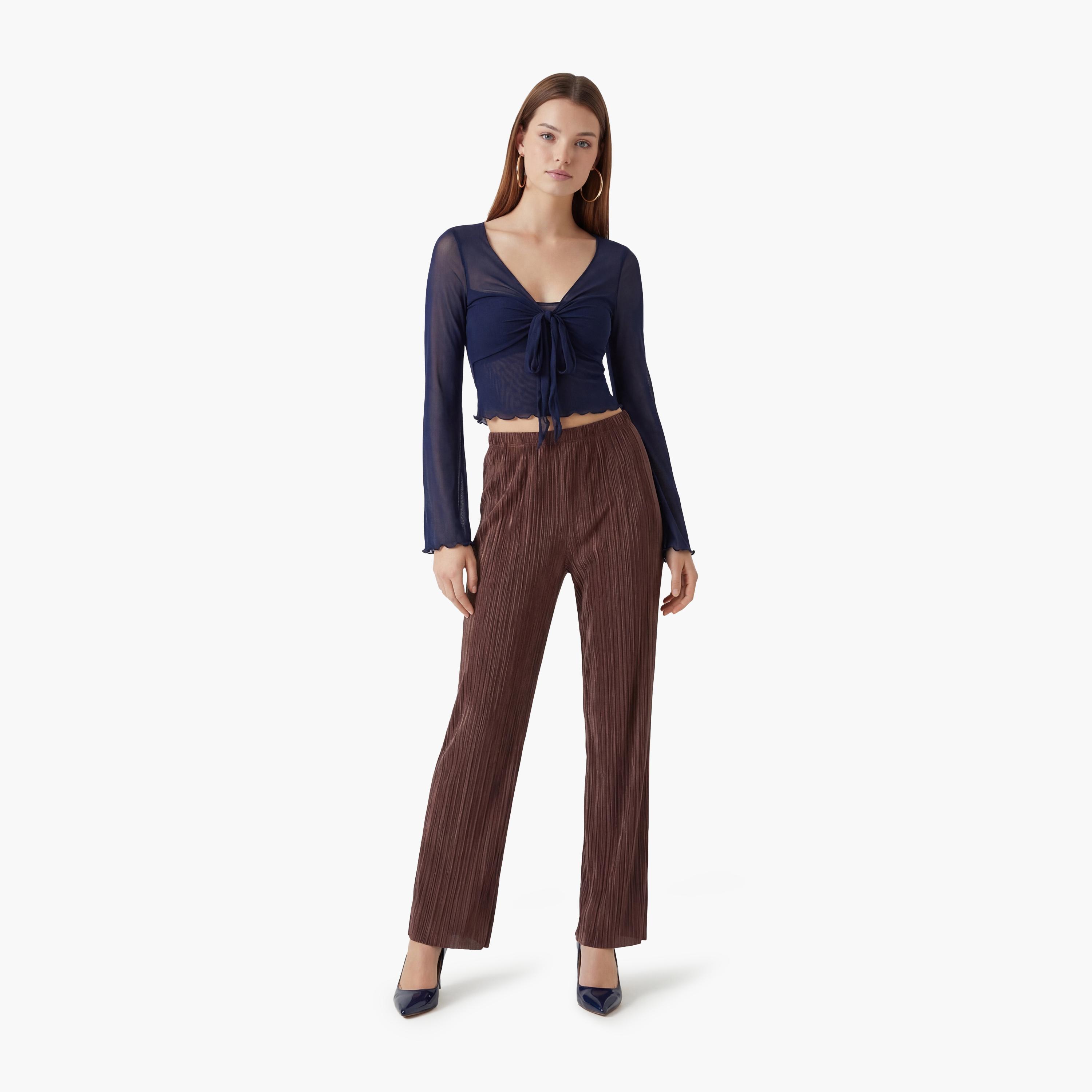 KOTON Pleated Elasticated Waist Wide Leg Women's Trousers-women-clothing-bottoms-trousers-image-2