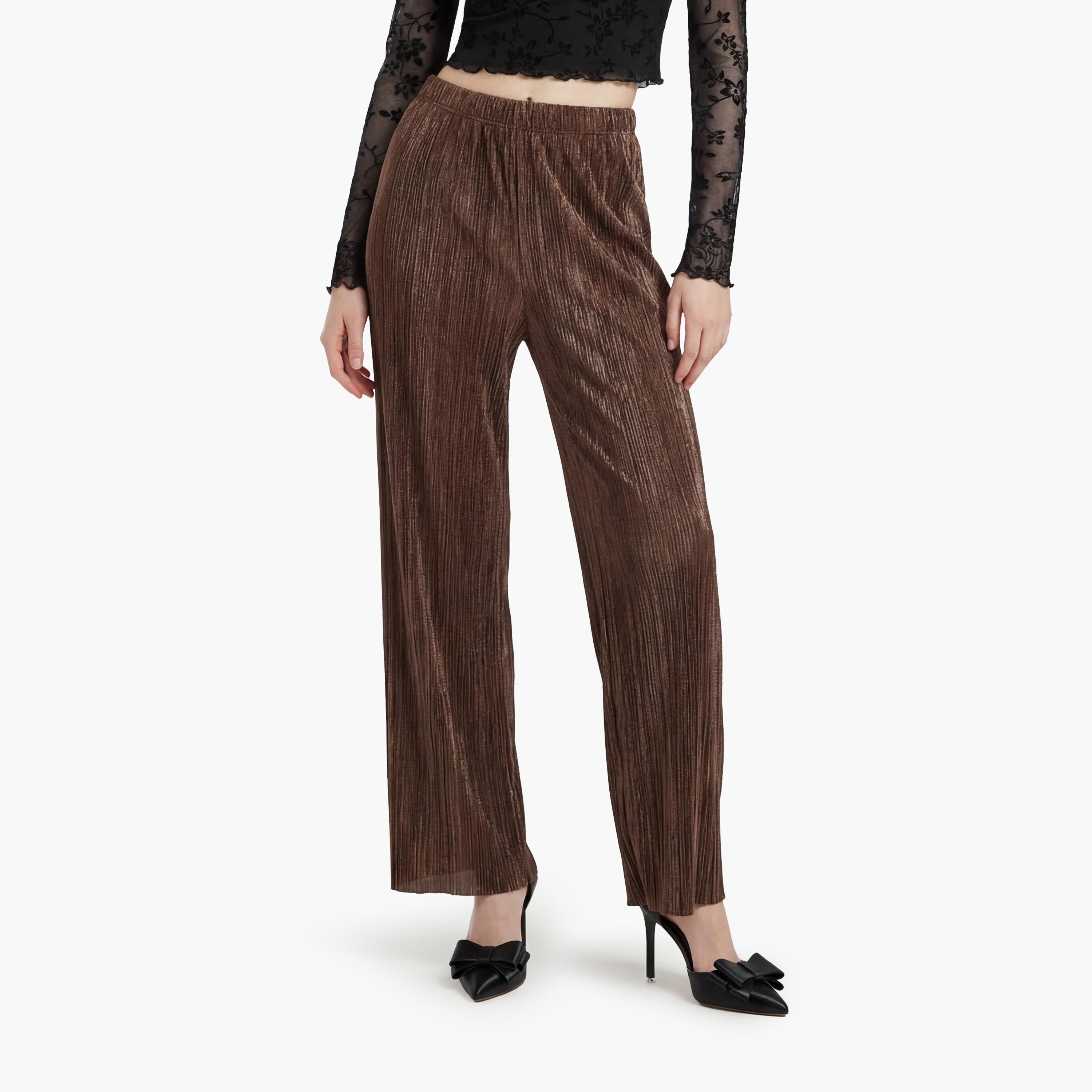 KOTON Brown Pleated Elasticated Waist Wide Leg Women's Trousers-women-clothing-bottoms-trousers-image-1