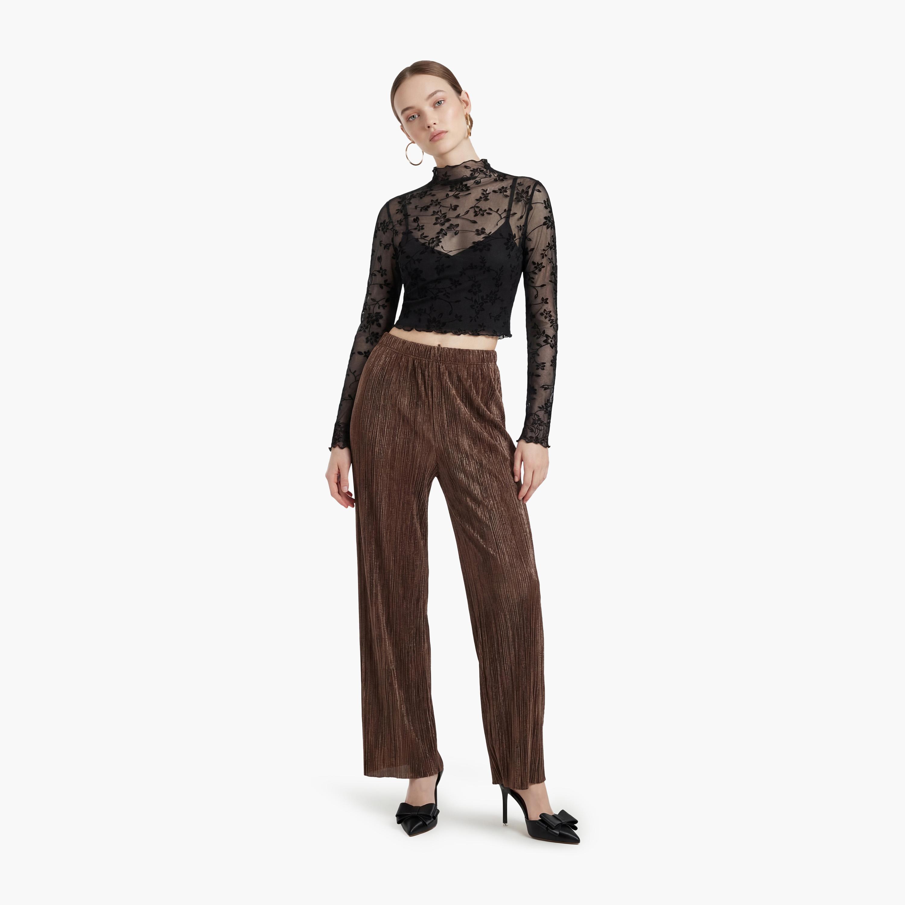 KOTON Brown Pleated Elasticated Waist Wide Leg Women's Trousers-women-clothing-bottoms-trousers-image-2