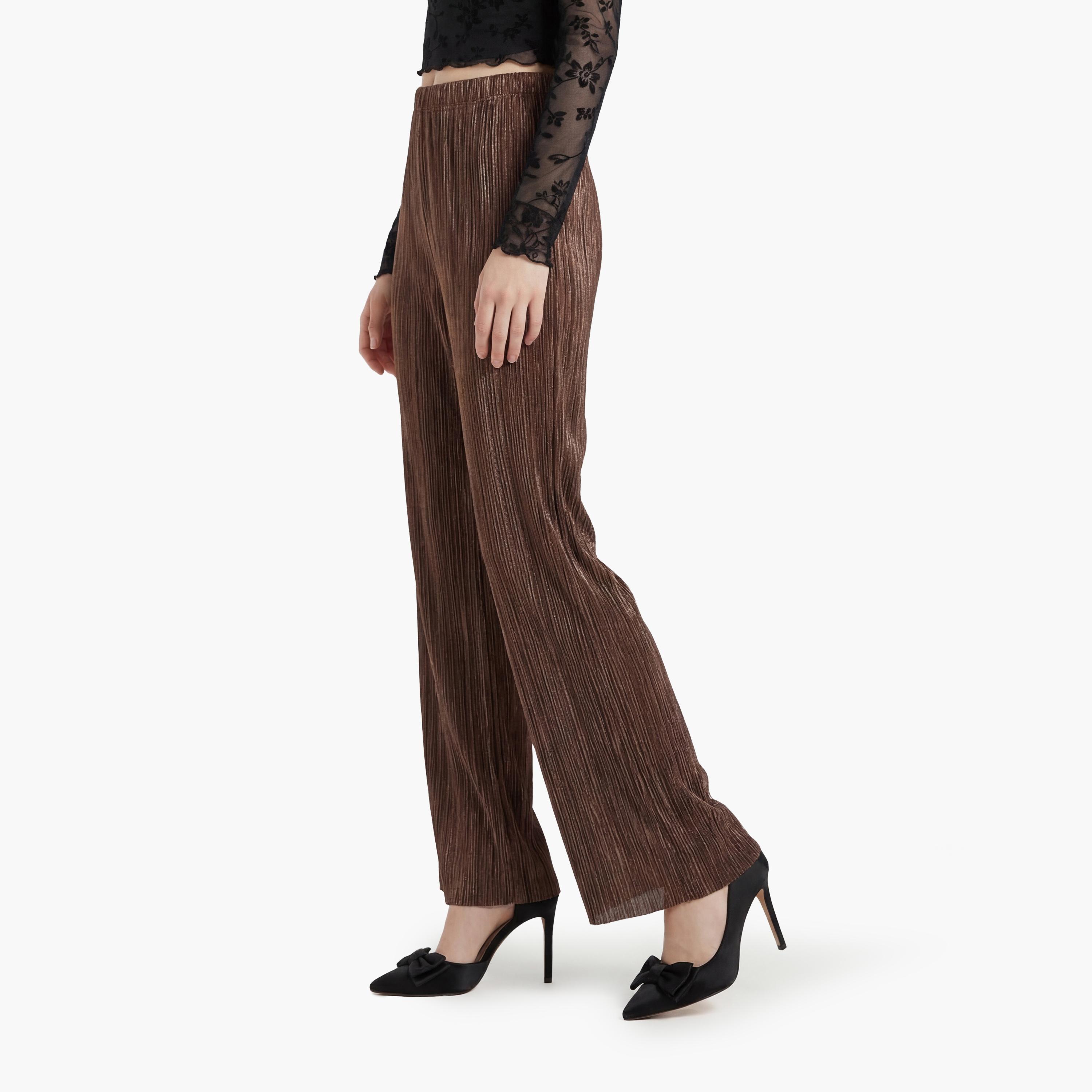 KOTON Brown Pleated Elasticated Waist Wide Leg Women's Trousers-women-clothing-bottoms-trousers-image-4