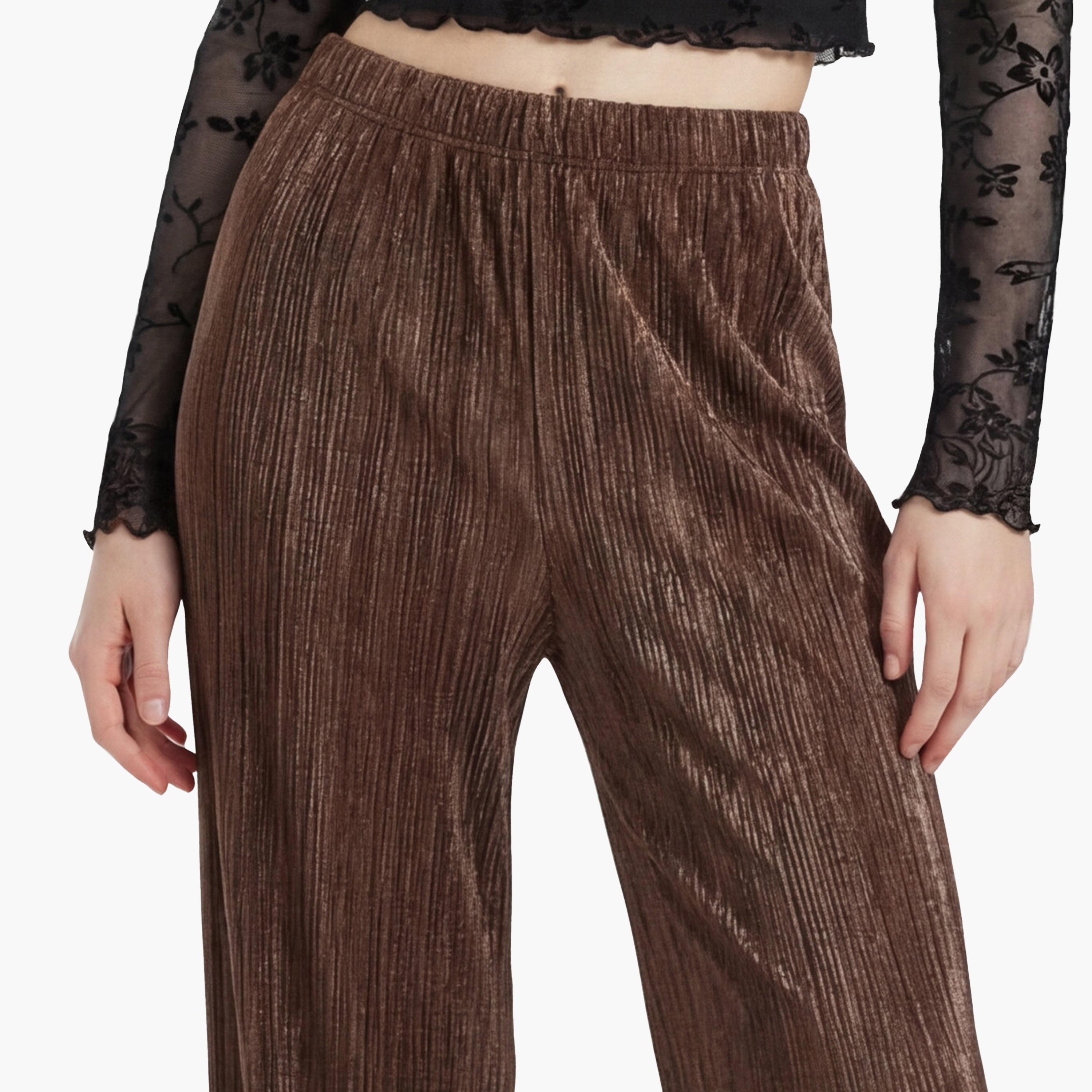 KOTON Brown Pleated Elasticated Waist Wide Leg Women's Trousers-women-clothing-bottoms-trousers-image-5
