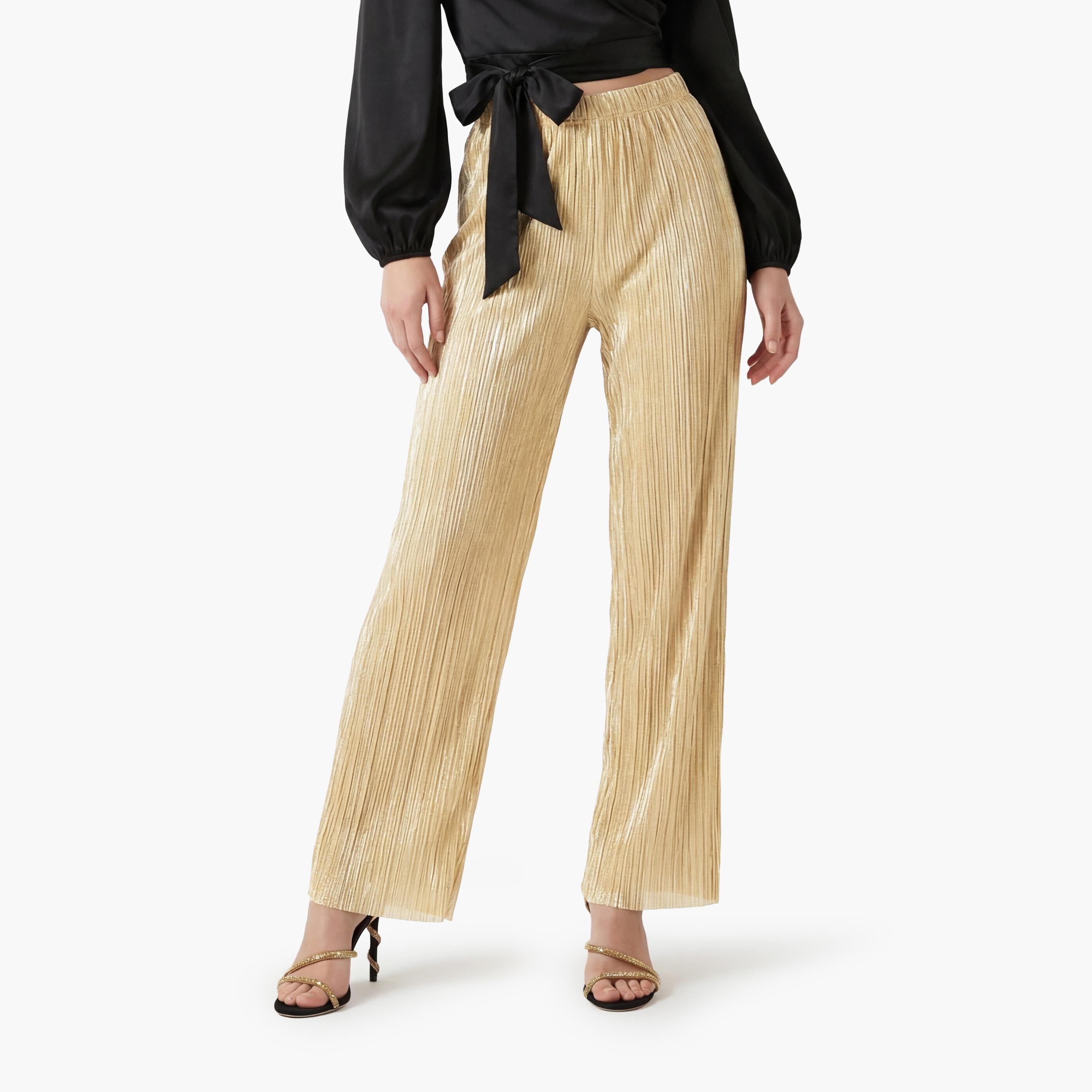 KOTON Gold Pleated Elasticated Waist Wide Leg Women's Trousers-women-clothing-bottoms-trousers-image-1