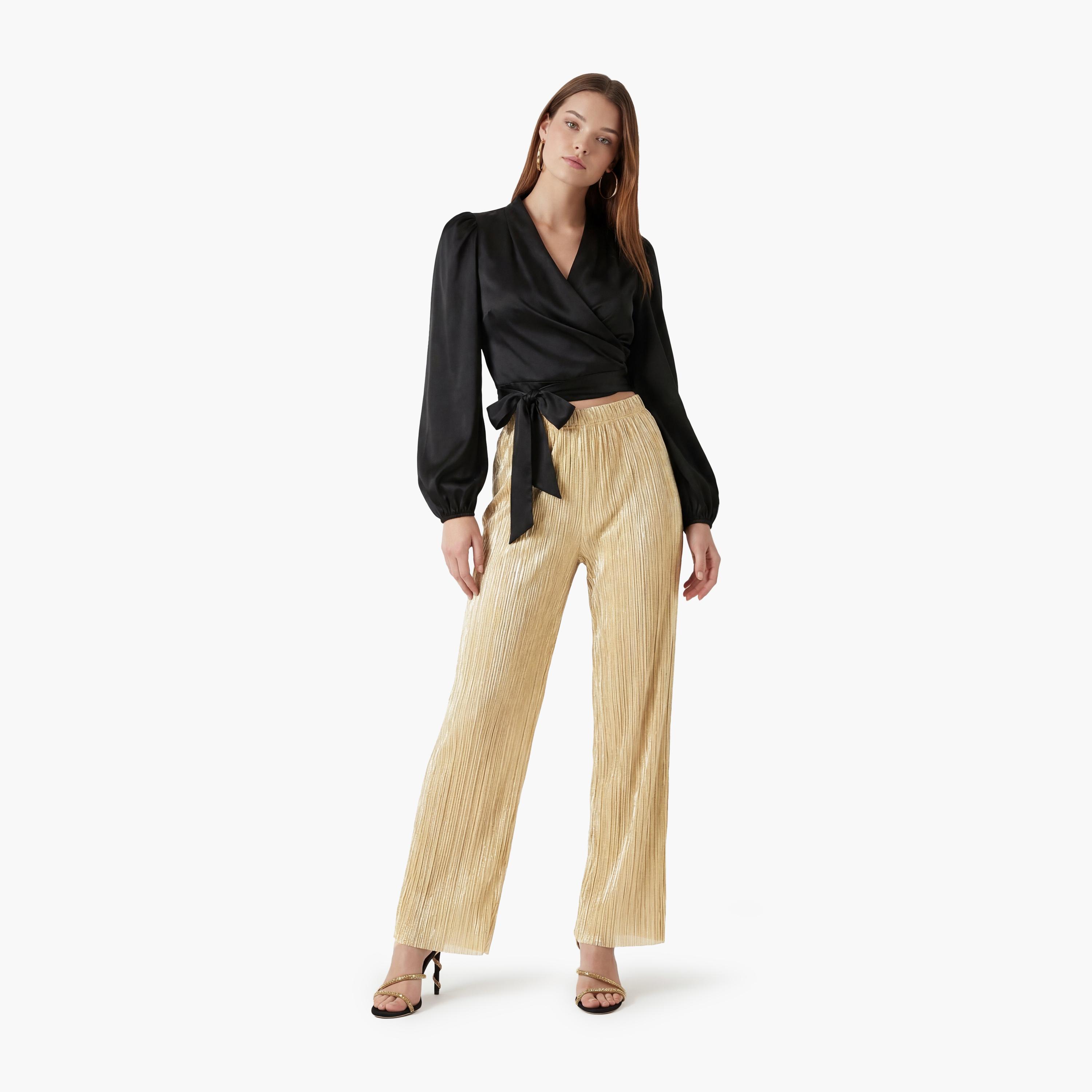 KOTON Gold Pleated Elasticated Waist Wide Leg Women's Trousers-women-clothing-bottoms-trousers-image-2