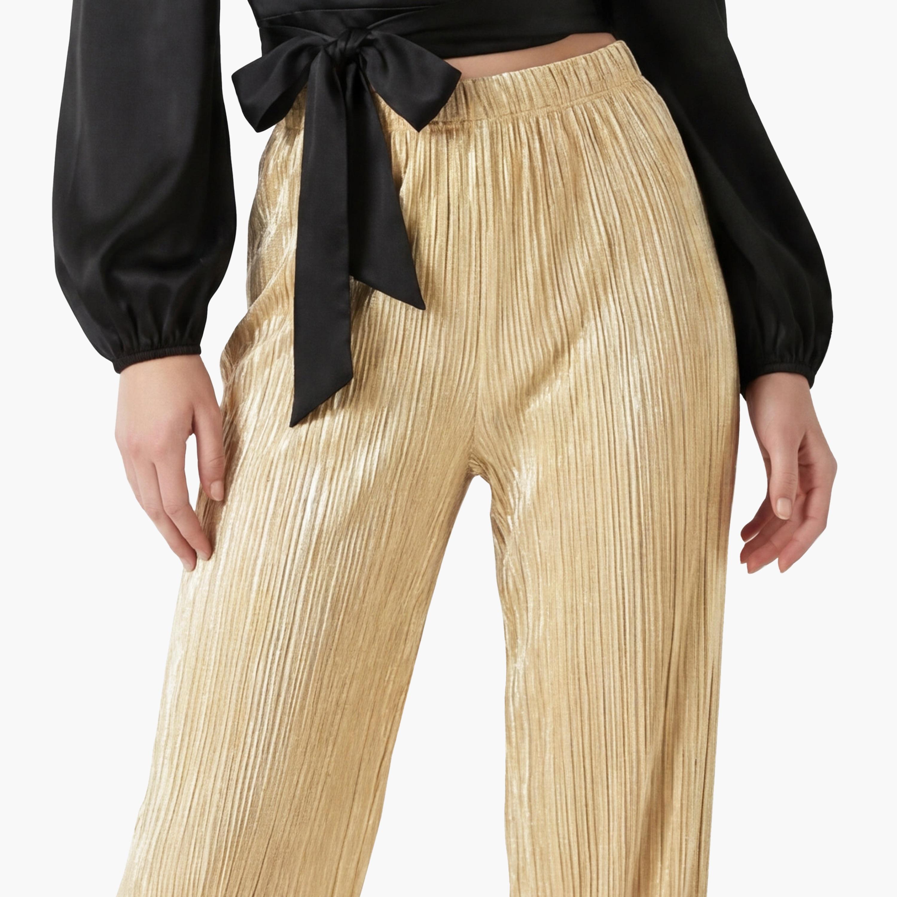 KOTON Gold Pleated Elasticated Waist Wide Leg Women's Trousers-women-clothing-bottoms-trousers-image-5