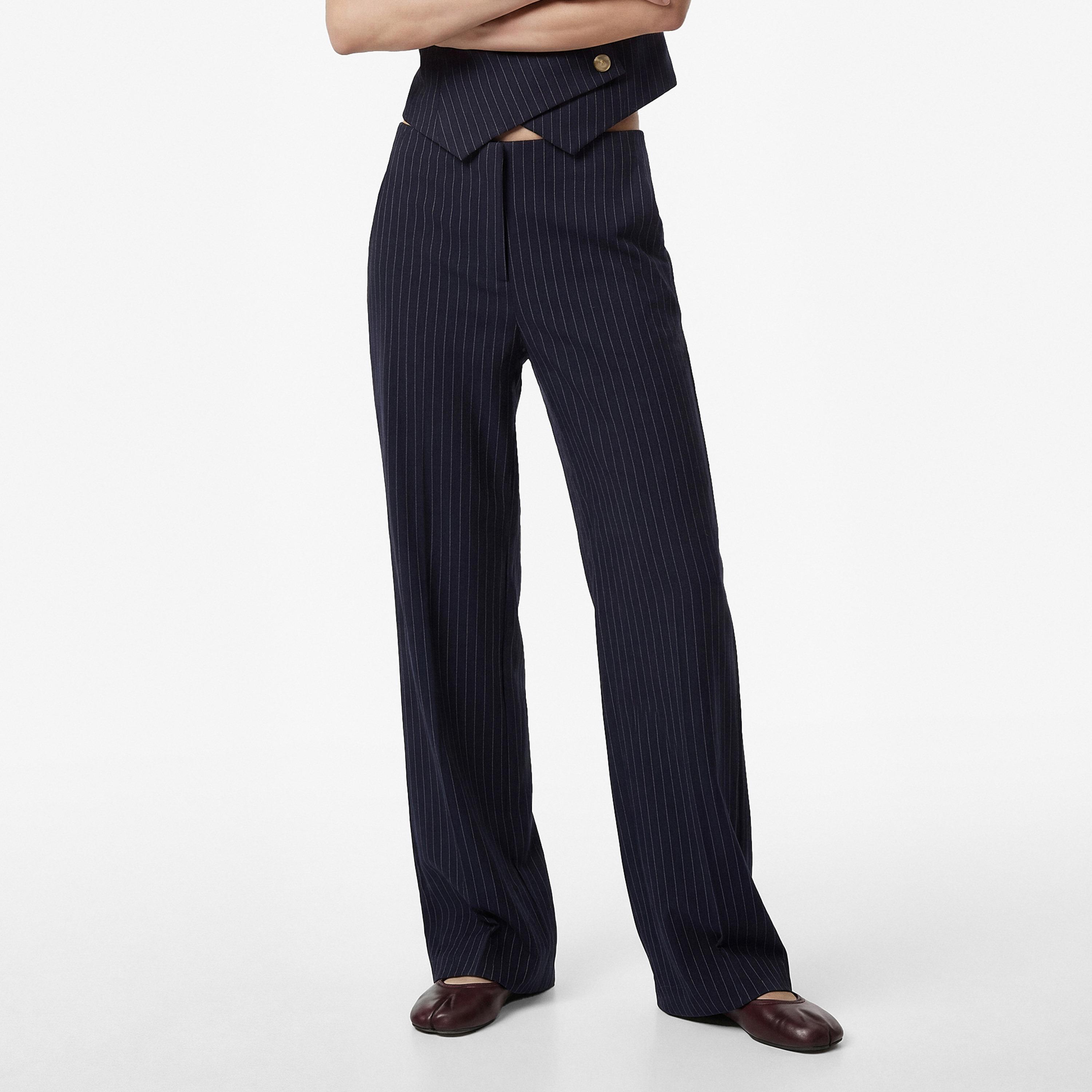 KOTON Navy Striped Hook and Bar Wide Leg Women's Trousers-women-clothing-bottoms-trousers-image-1