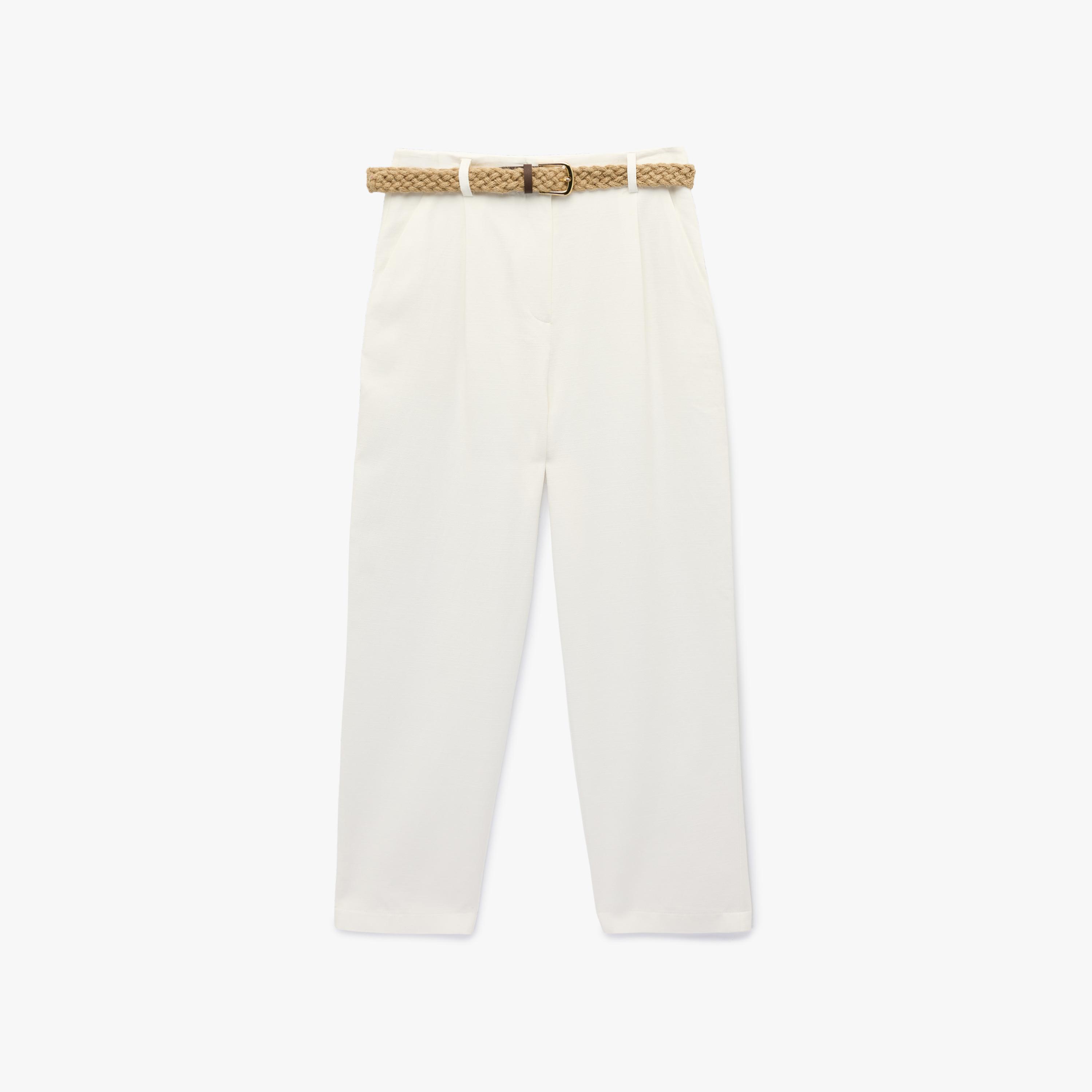 بنطلون نسائي قصة "كاروت" سادة بإغلاق مشبك وشريط بلون أبيض من كوتون-women-clothing-bottoms-trousers-image-3
