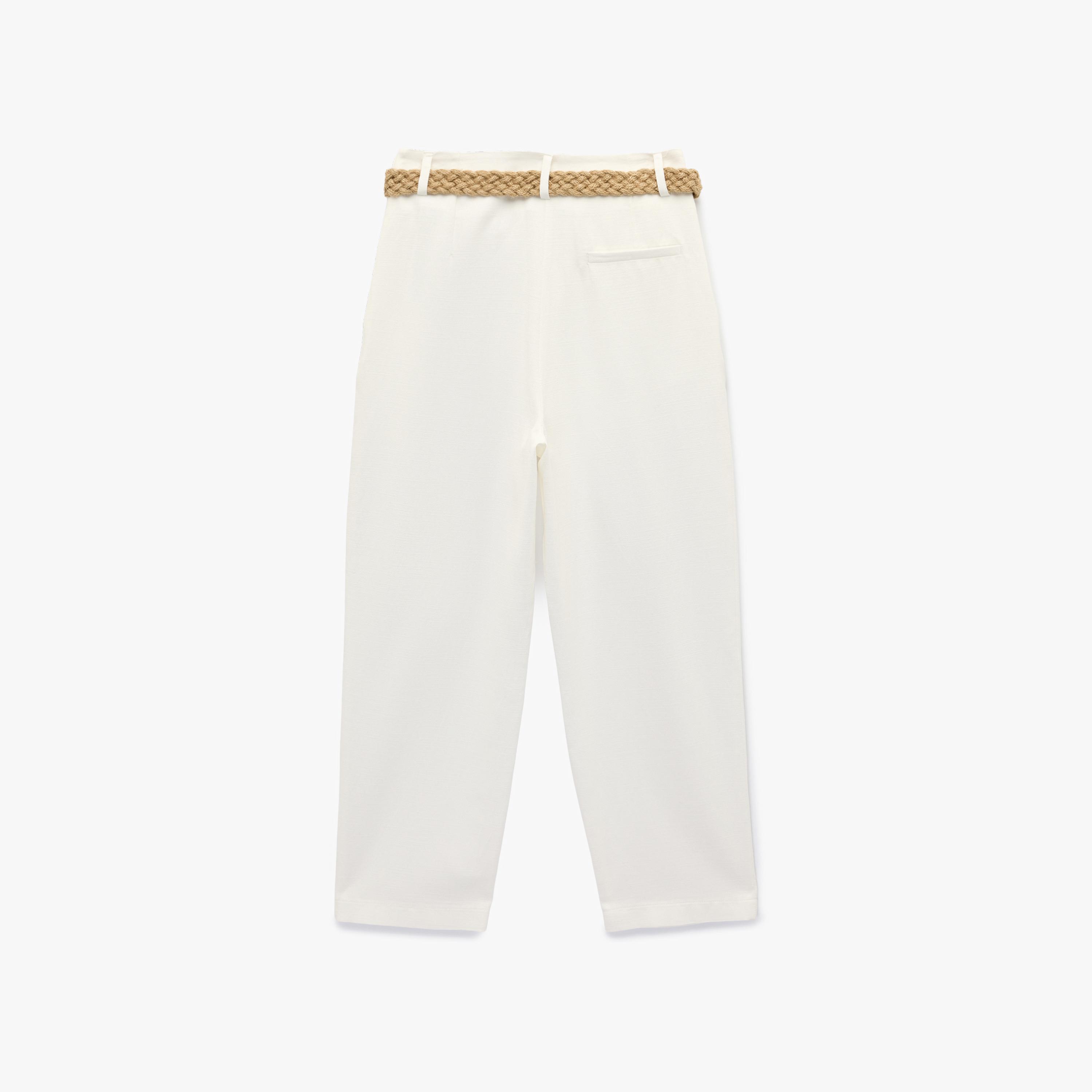 بنطلون نسائي قصة "كاروت" سادة بإغلاق مشبك وشريط بلون أبيض من كوتون-women-clothing-bottoms-trousers-image-4