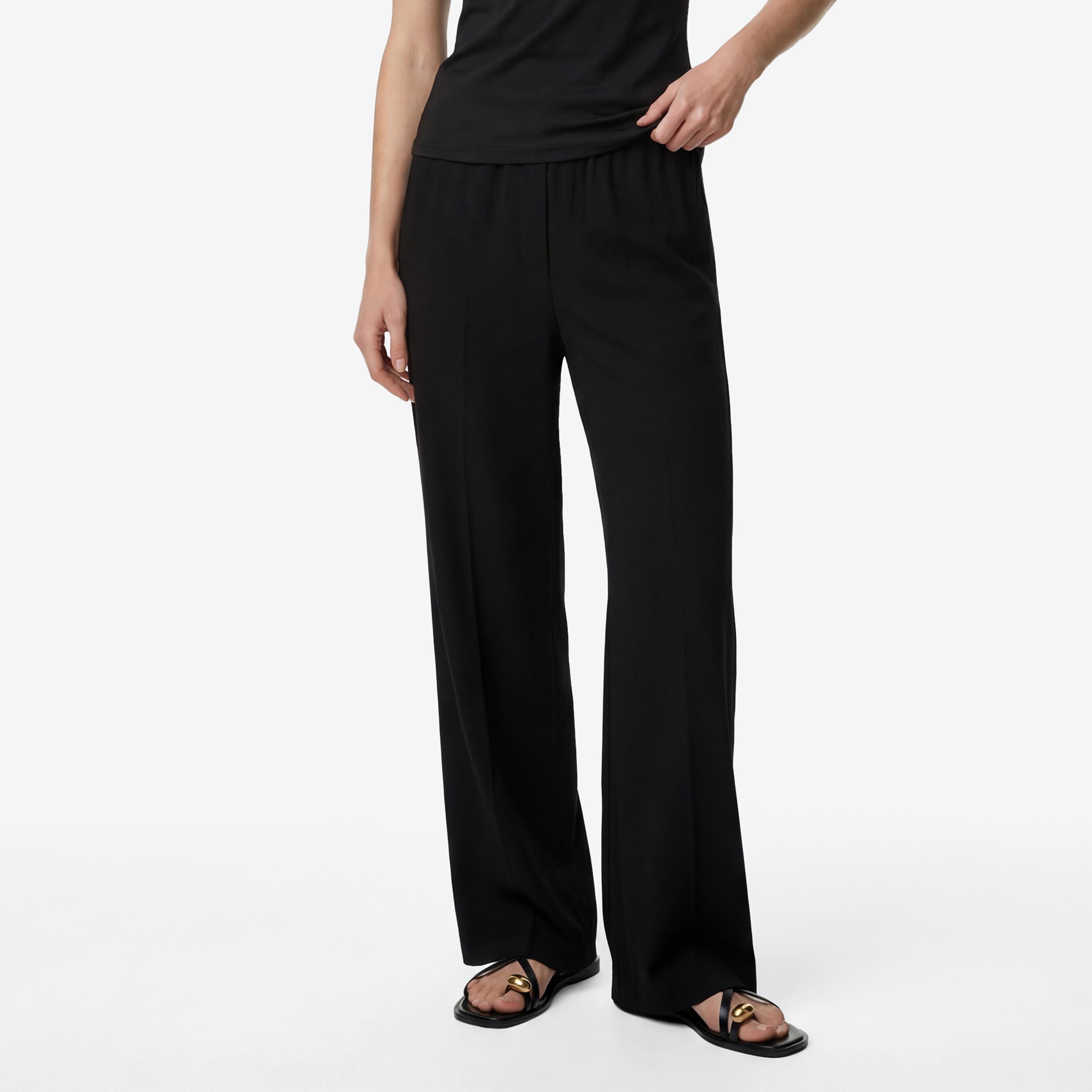 بنطلون نسائي قصة مستقيمة بخصر مطاطي وسادة بلون أسود من كوتون-women-clothing-bottoms-trousers-image-1