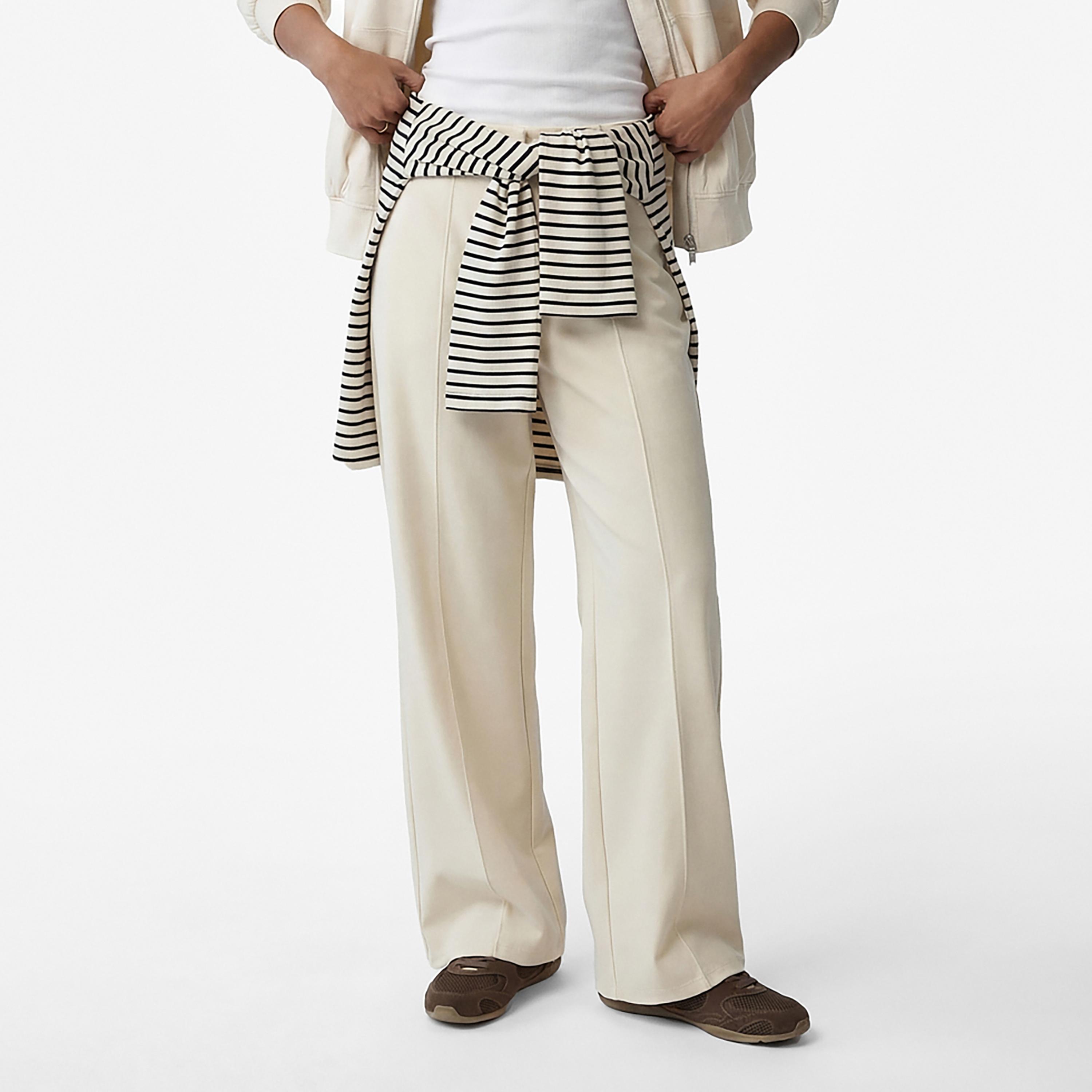 KOTON Cream Plain Modal Wide Leg Women's Trousers-women-clothing-bottoms-trousers-image-1
