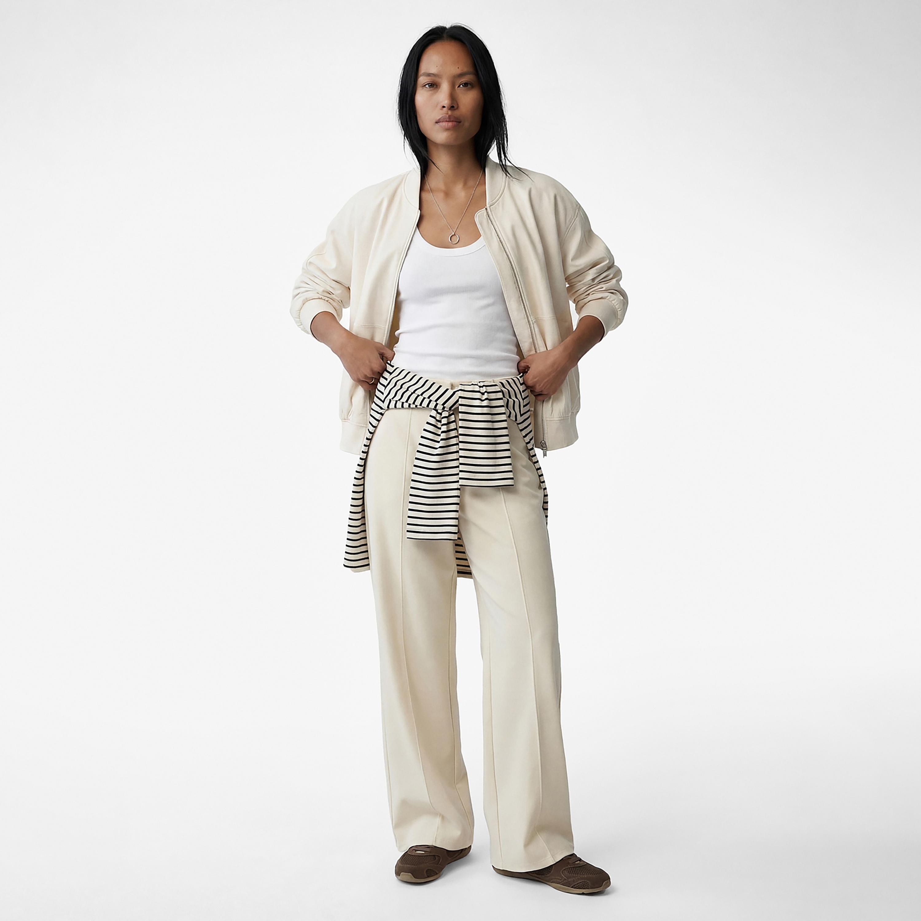 KOTON Cream Plain Modal Wide Leg Women's Trousers-women-clothing-bottoms-trousers-image-2