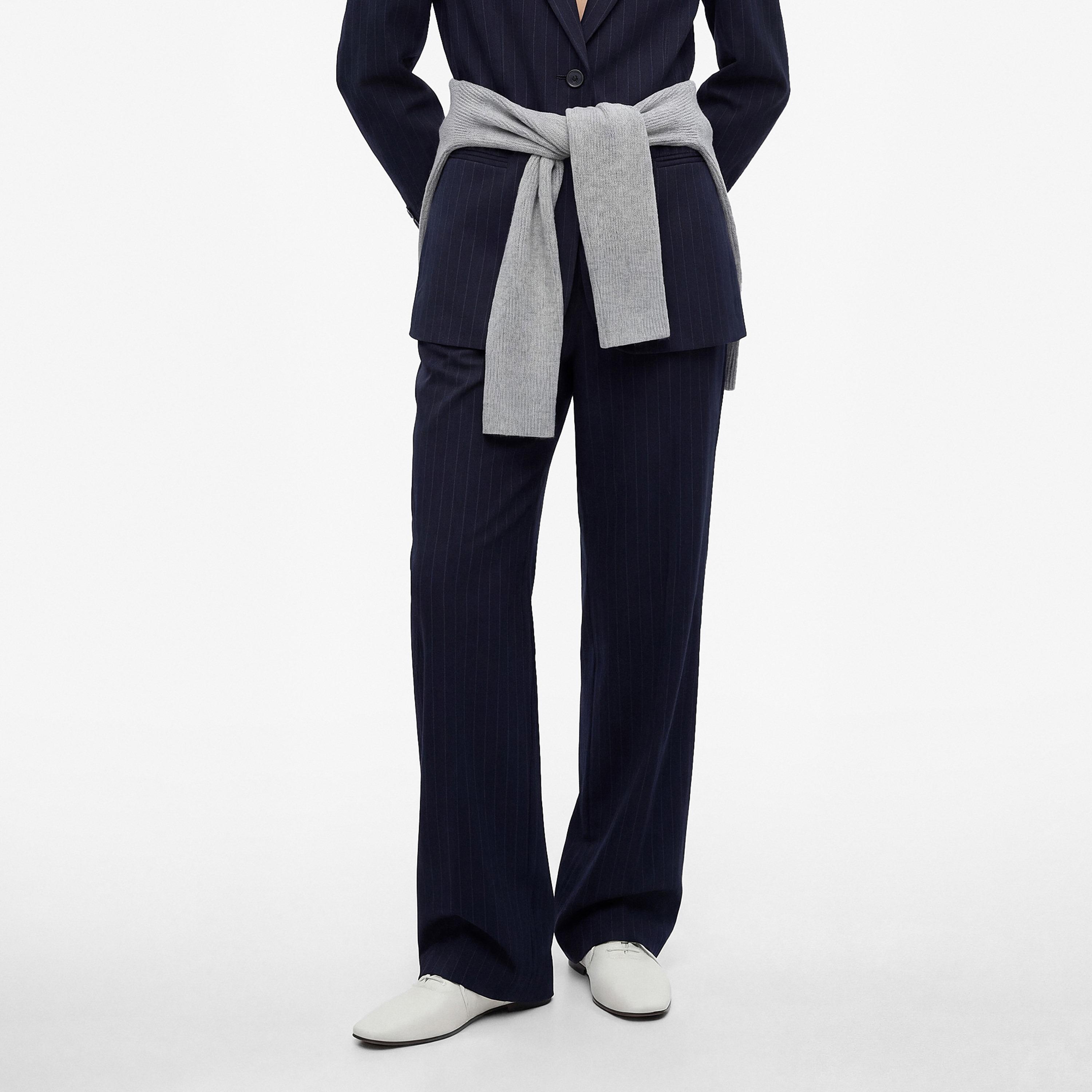 بنطلون نسائي واسع الساق بإغلاق مشبك وشريط وتصميم مخطط بلون كحلي من كوتون-women-clothing-bottoms-trousers-image-1