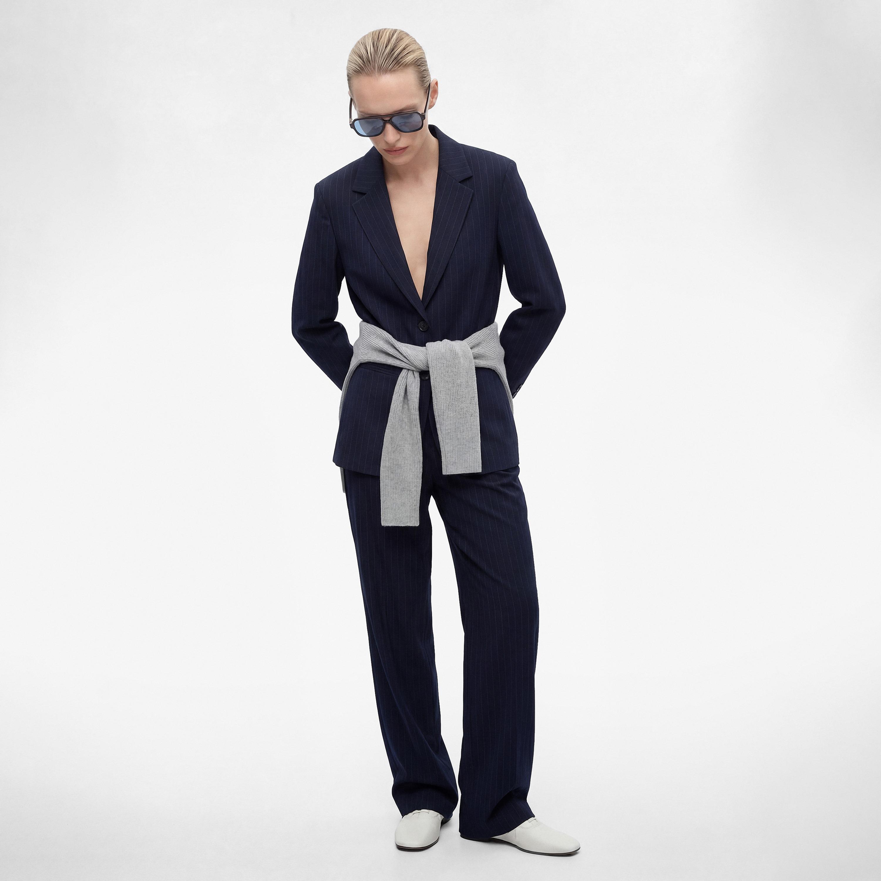 بنطلون نسائي واسع الساق بإغلاق مشبك وشريط وتصميم مخطط بلون كحلي من كوتون-women-clothing-bottoms-trousers-image-2