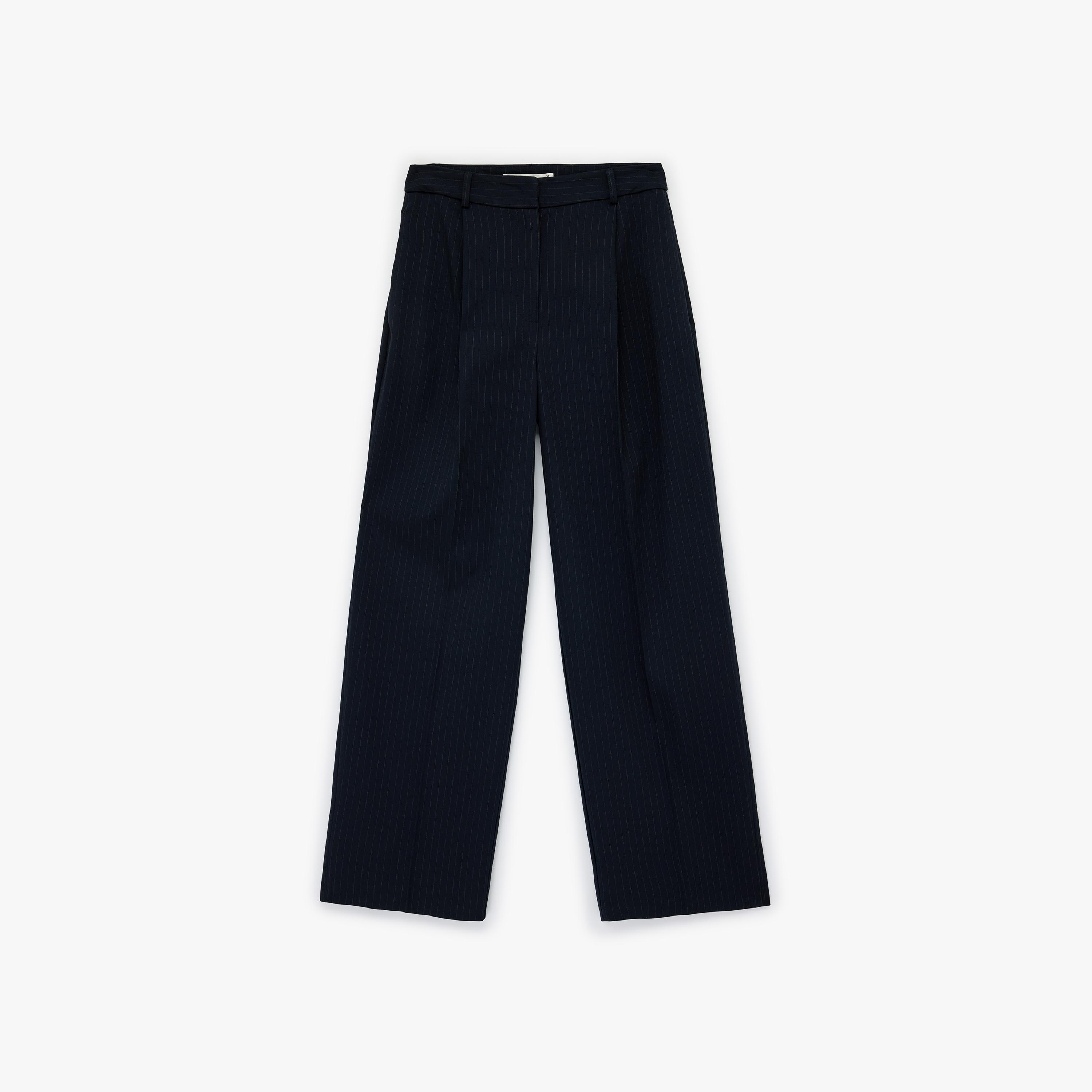 بنطلون نسائي واسع الساق بإغلاق مشبك وشريط وتصميم مخطط بلون كحلي من كوتون-women-clothing-bottoms-trousers-image-3