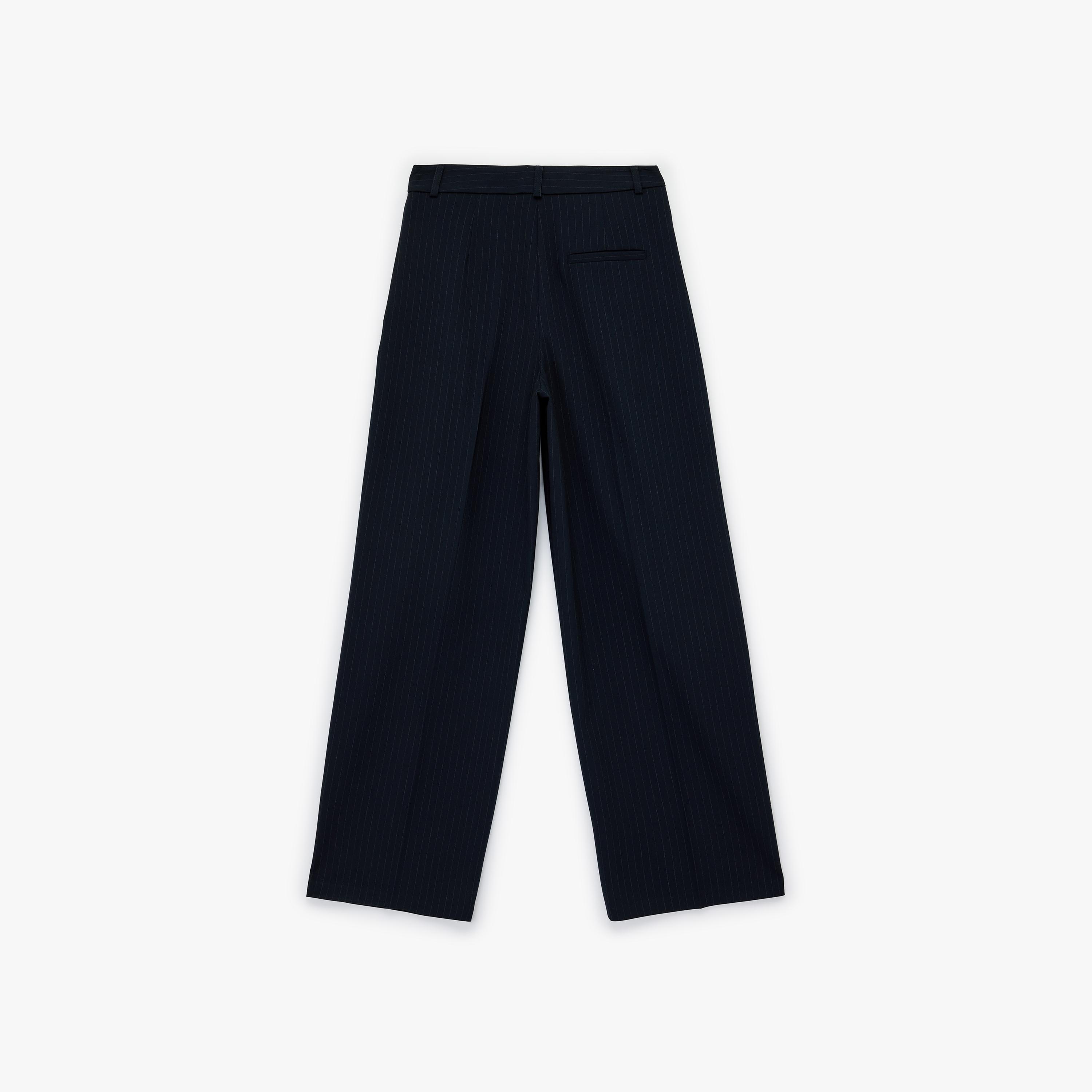 بنطلون نسائي واسع الساق بإغلاق مشبك وشريط وتصميم مخطط بلون كحلي من كوتون-women-clothing-bottoms-trousers-image-4