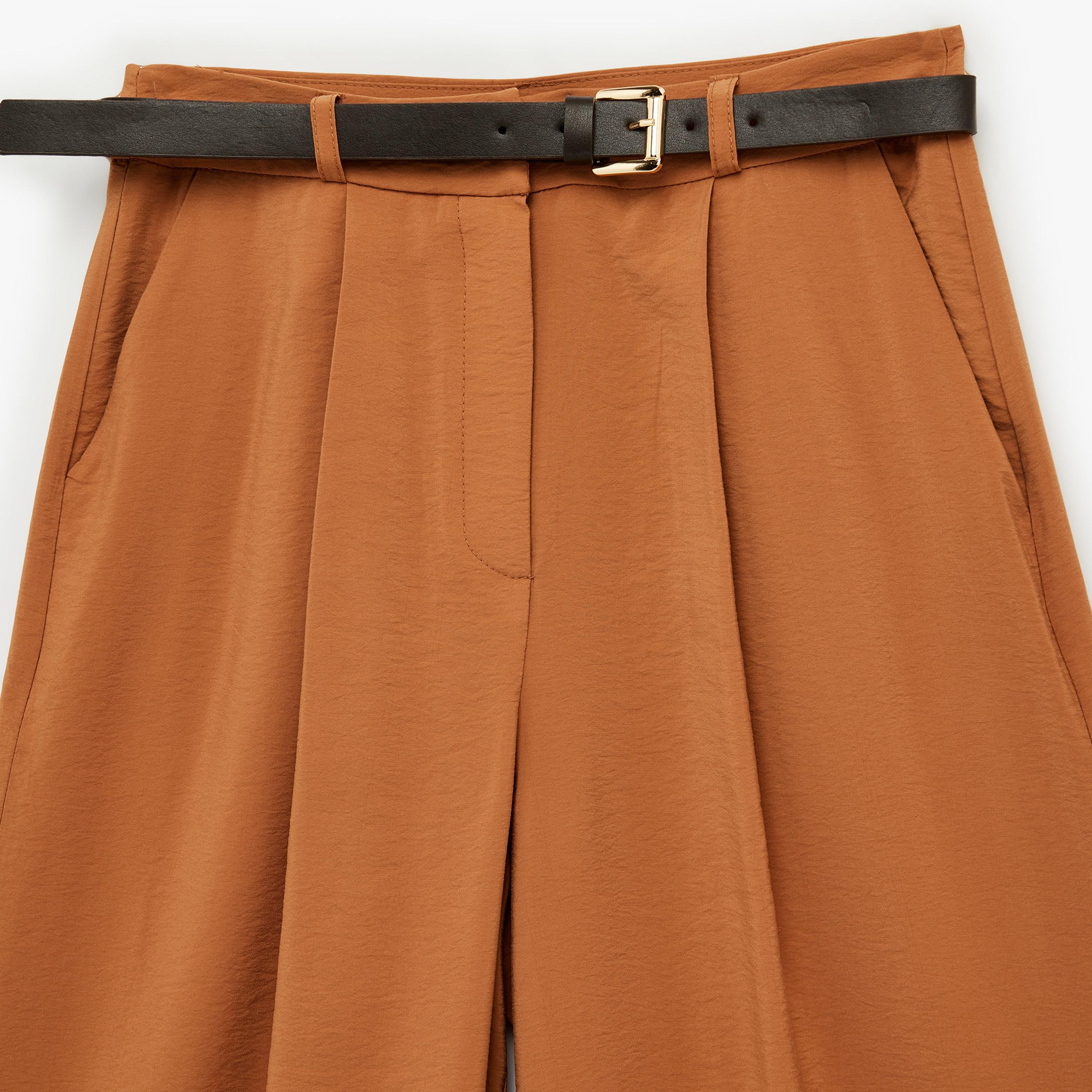 KOTON Brown Plain Hook and Bar Wide Leg Women's Trousers-women-clothing-bottoms-trousers-image-6