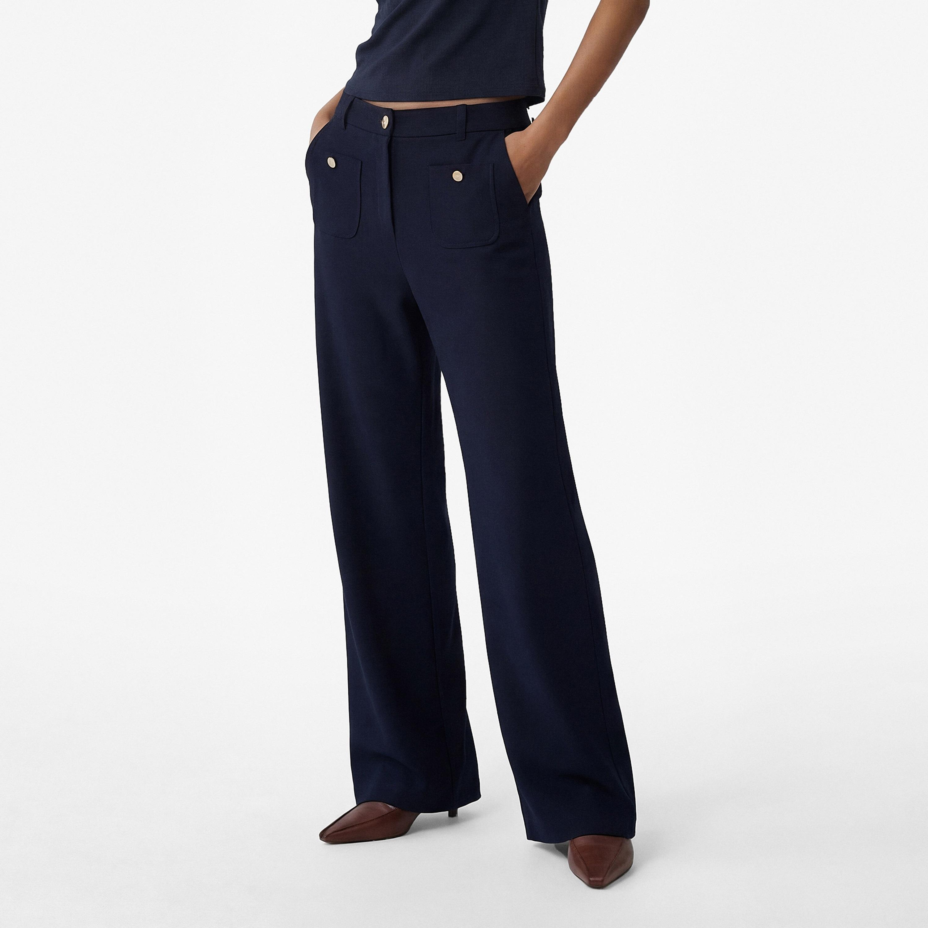 بنطلون نسائي واسع الساق سادة بزر وسحاب بلون كحلي من كوتون-women-clothing-bottoms-trousers-image-1