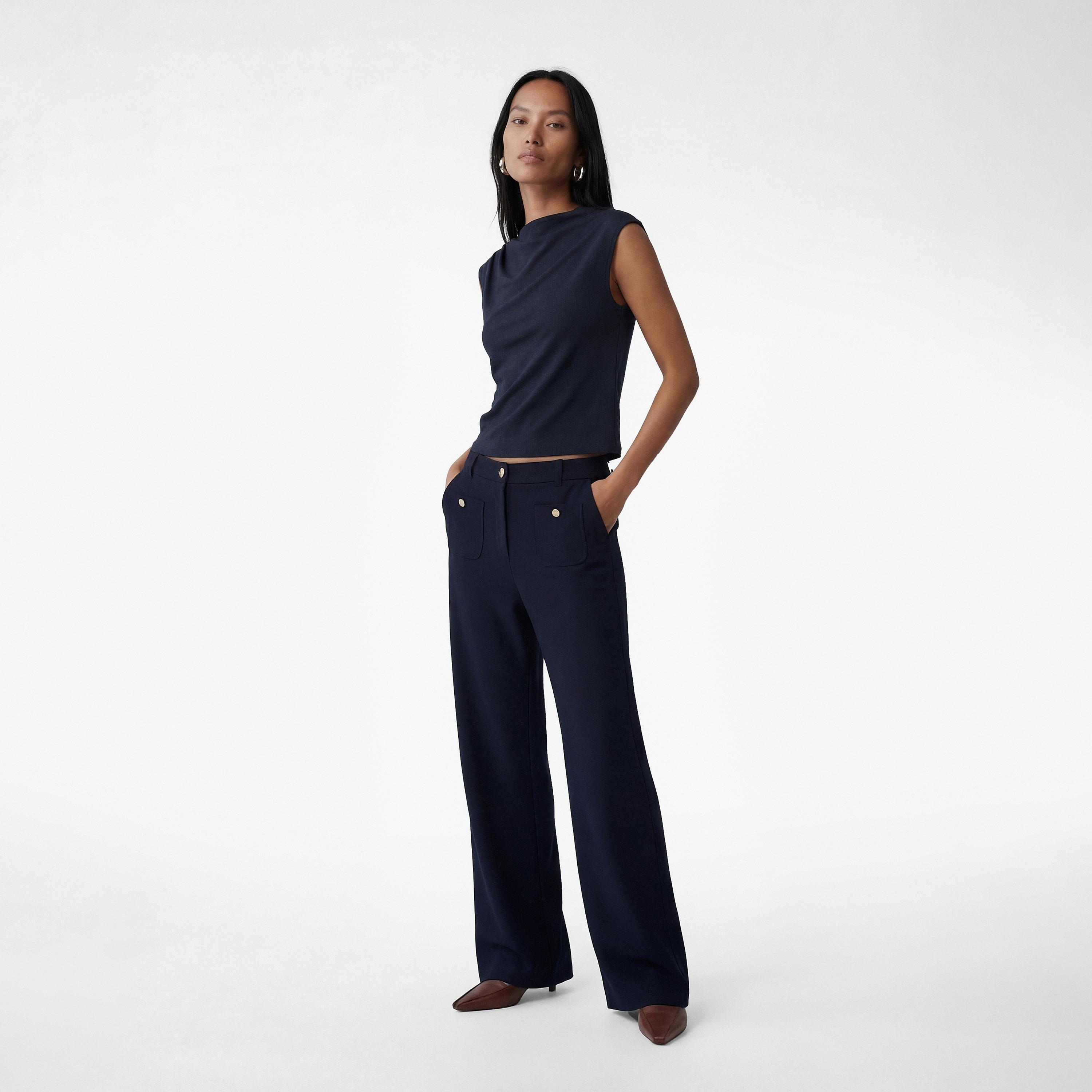 بنطلون نسائي واسع الساق سادة بزر وسحاب بلون كحلي من كوتون-women-clothing-bottoms-trousers-image-2