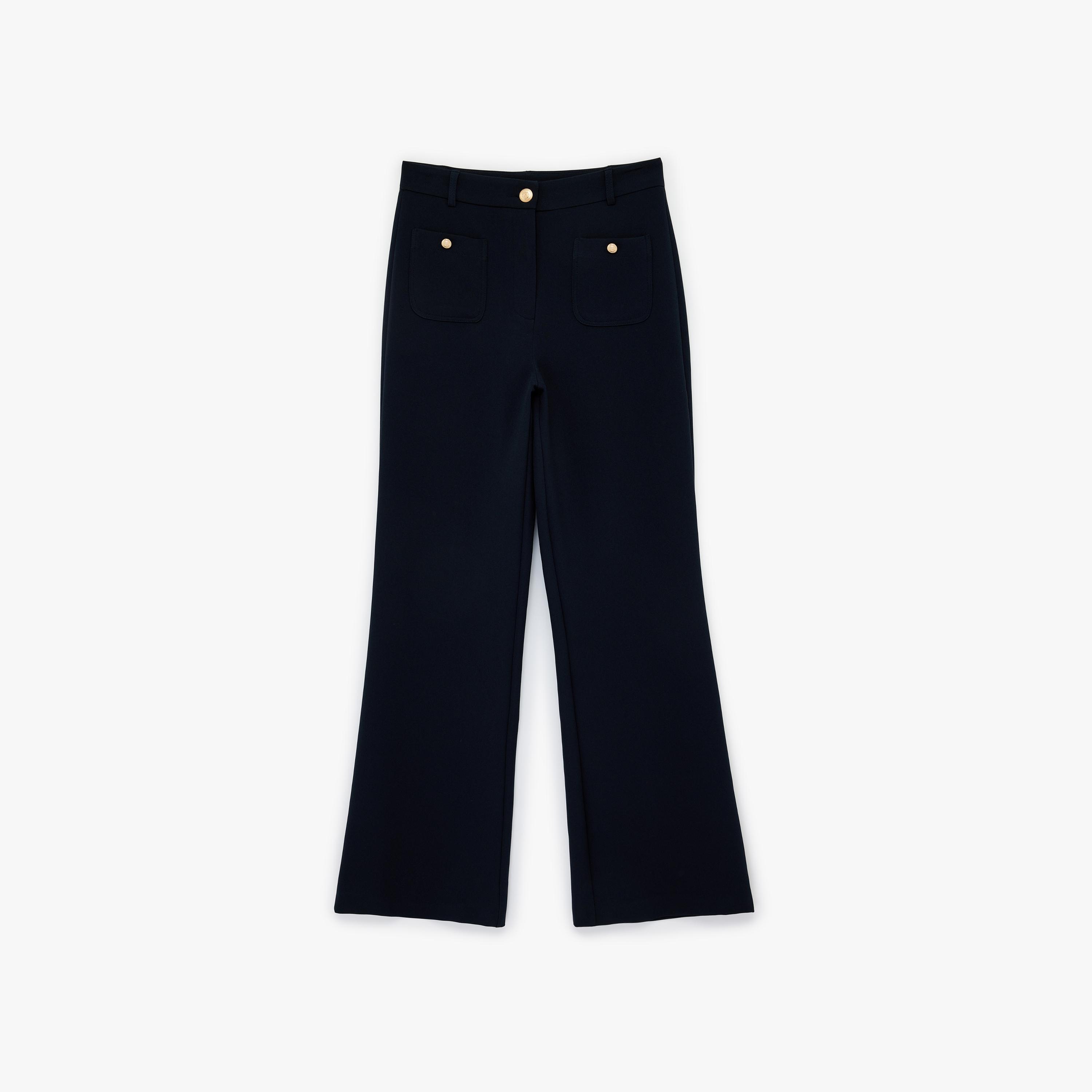 بنطلون نسائي واسع الساق سادة بزر وسحاب بلون كحلي من كوتون-women-clothing-bottoms-trousers-image-3