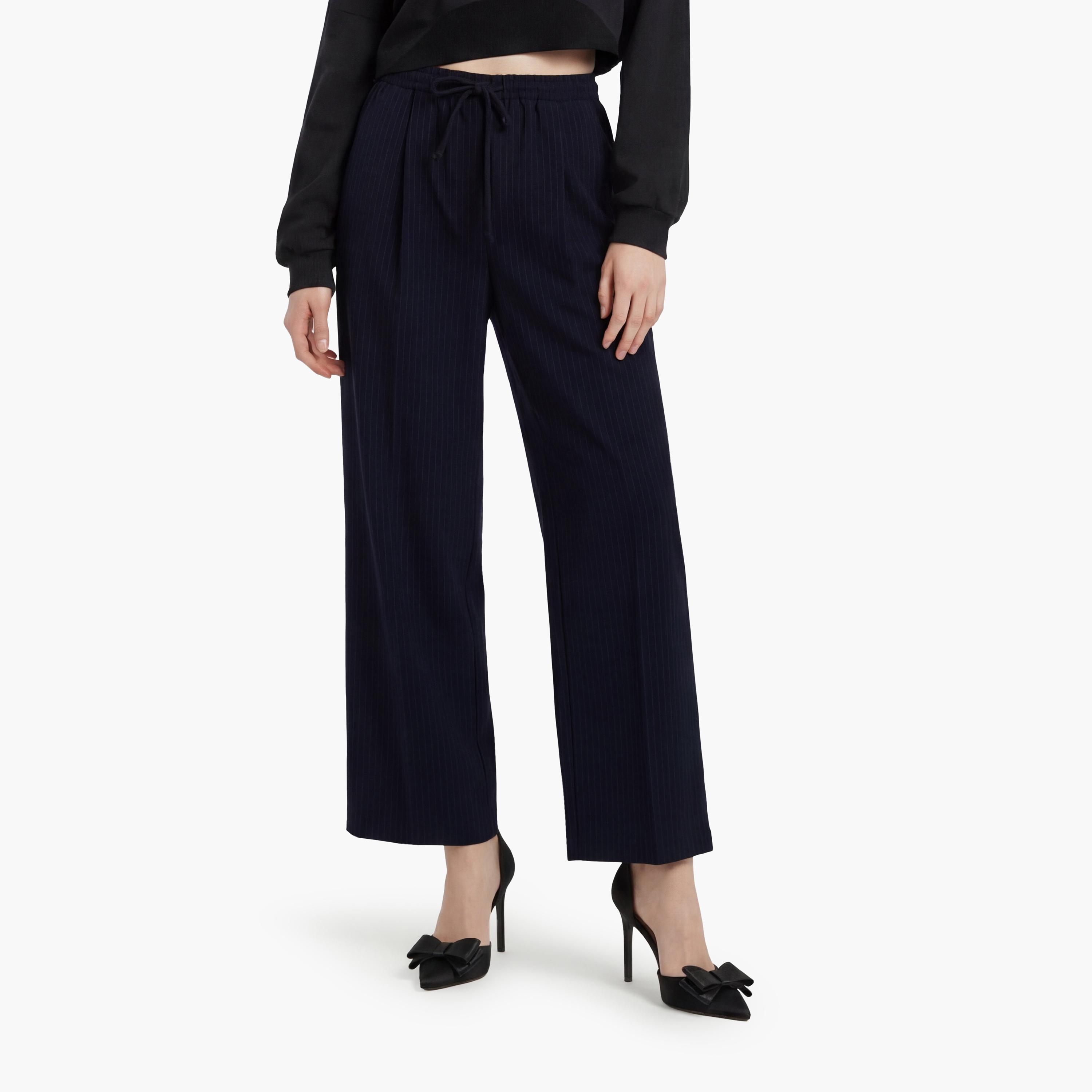 KOTON Navy Striped Drawstring Waist Wide Leg Women's Trousers-women-clothing-bottoms-trousers-image-1