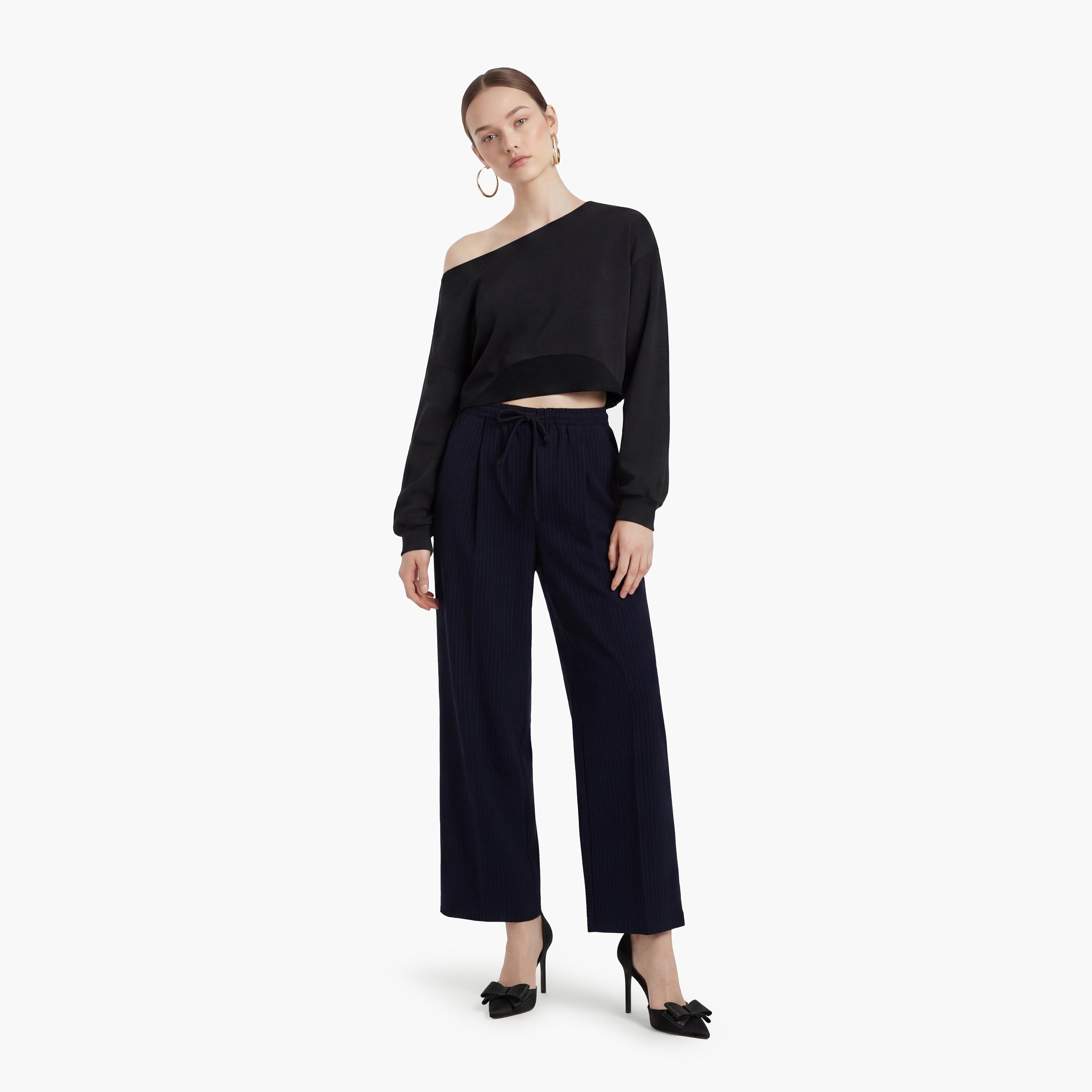 KOTON Navy Striped Drawstring Waist Wide Leg Women's Trousers-women-clothing-bottoms-trousers-image-2