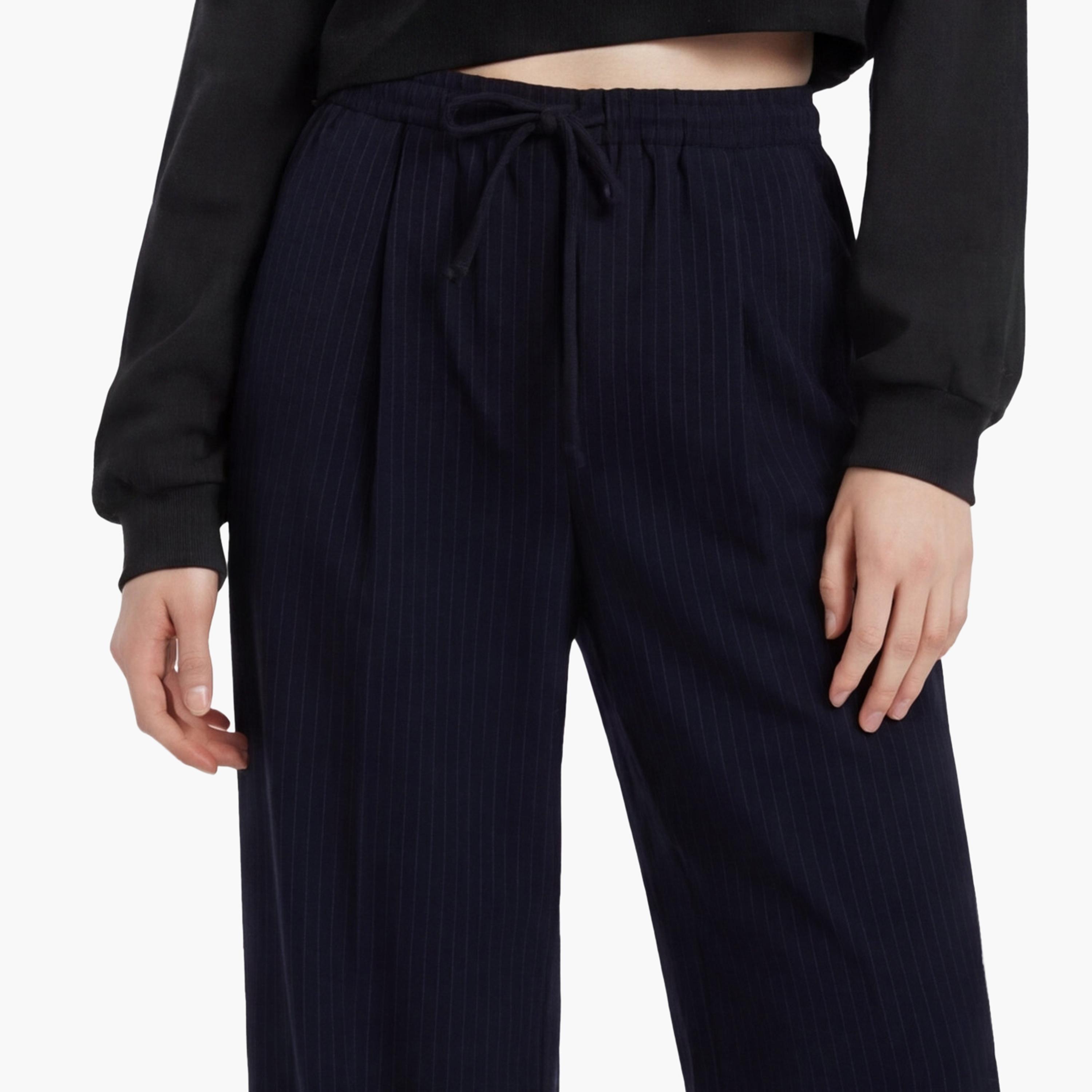 KOTON Navy Striped Drawstring Waist Wide Leg Women's Trousers-women-clothing-bottoms-trousers-image-5