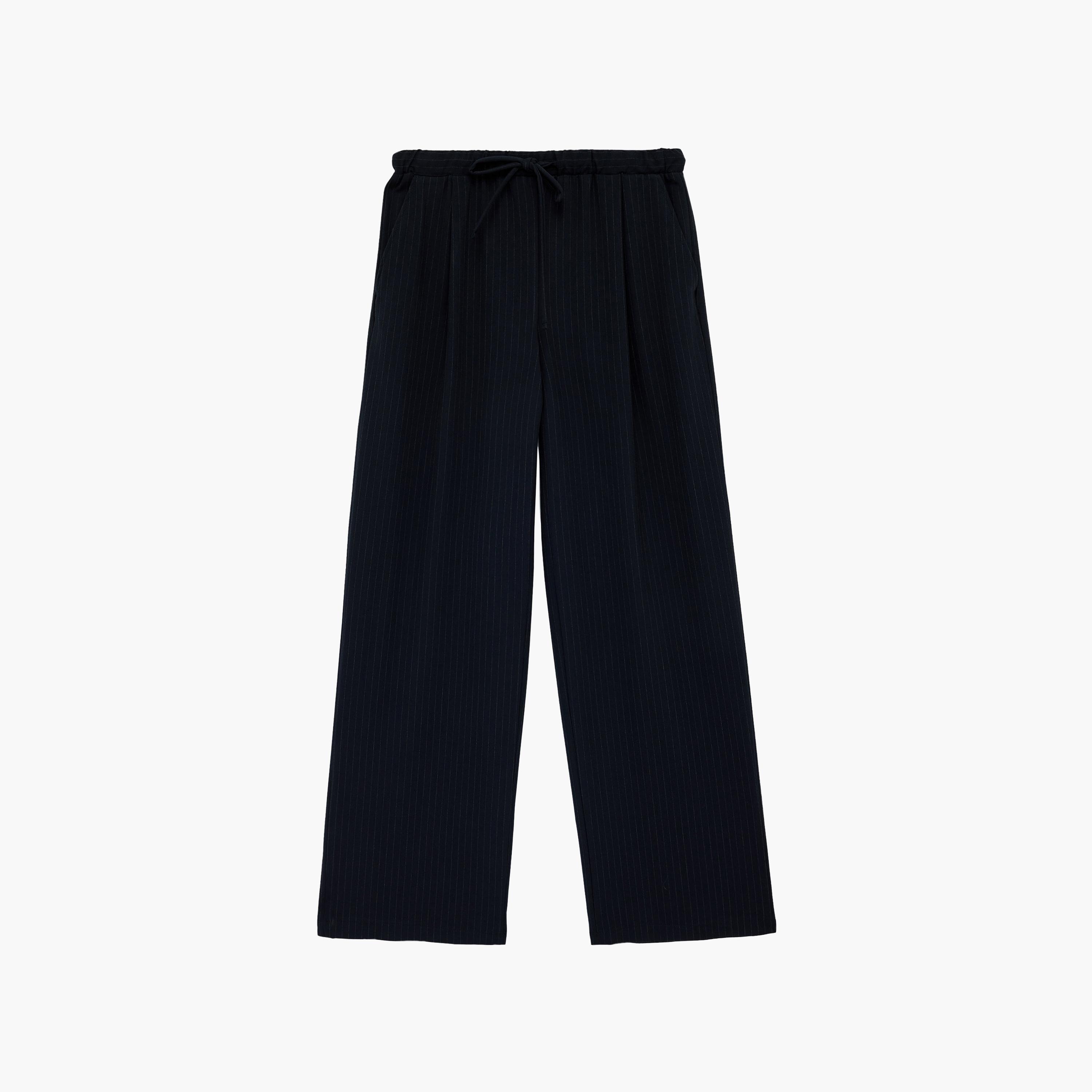 KOTON Navy Striped Drawstring Waist Wide Leg Women's Trousers-women-clothing-bottoms-trousers-image-6