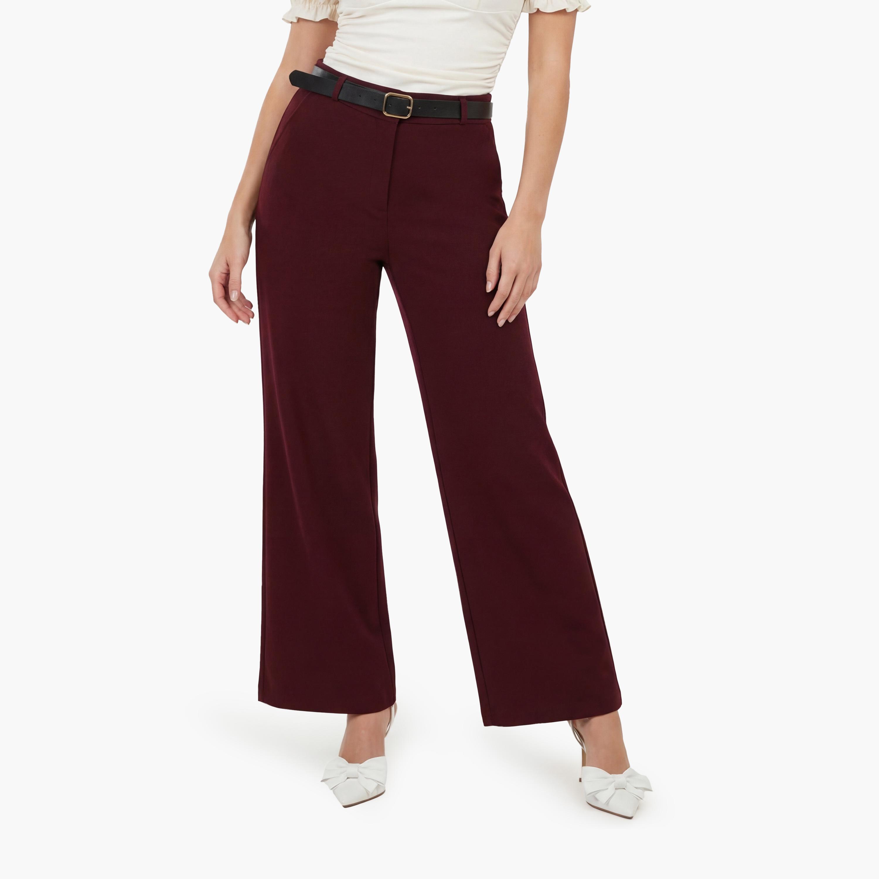 KOTON Wine Plain Hook and Bar Wide Leg Women's Trousers-women-clothing-bottoms-trousers-image-1