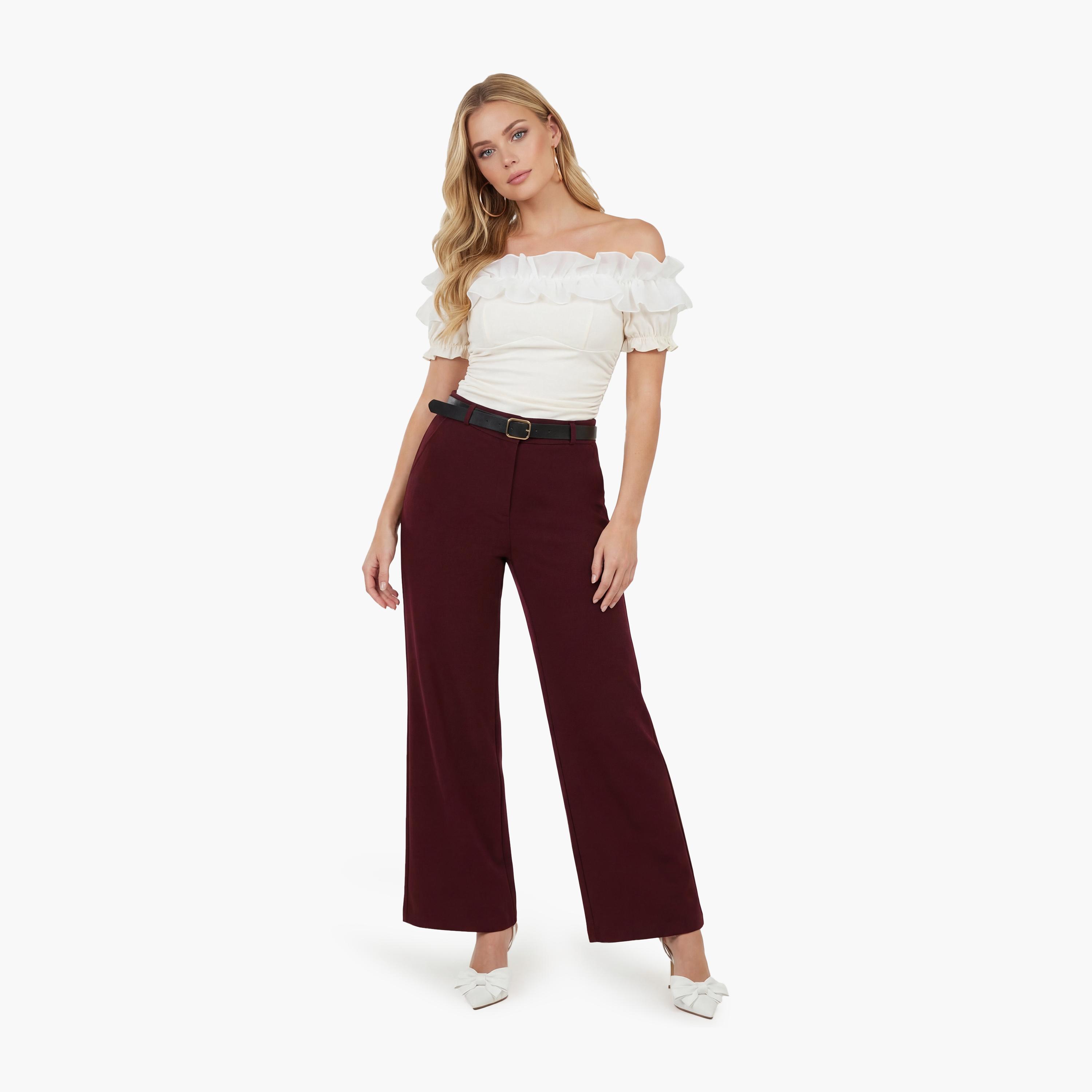 KOTON Wine Plain Hook and Bar Wide Leg Women's Trousers-women-clothing-bottoms-trousers-image-2