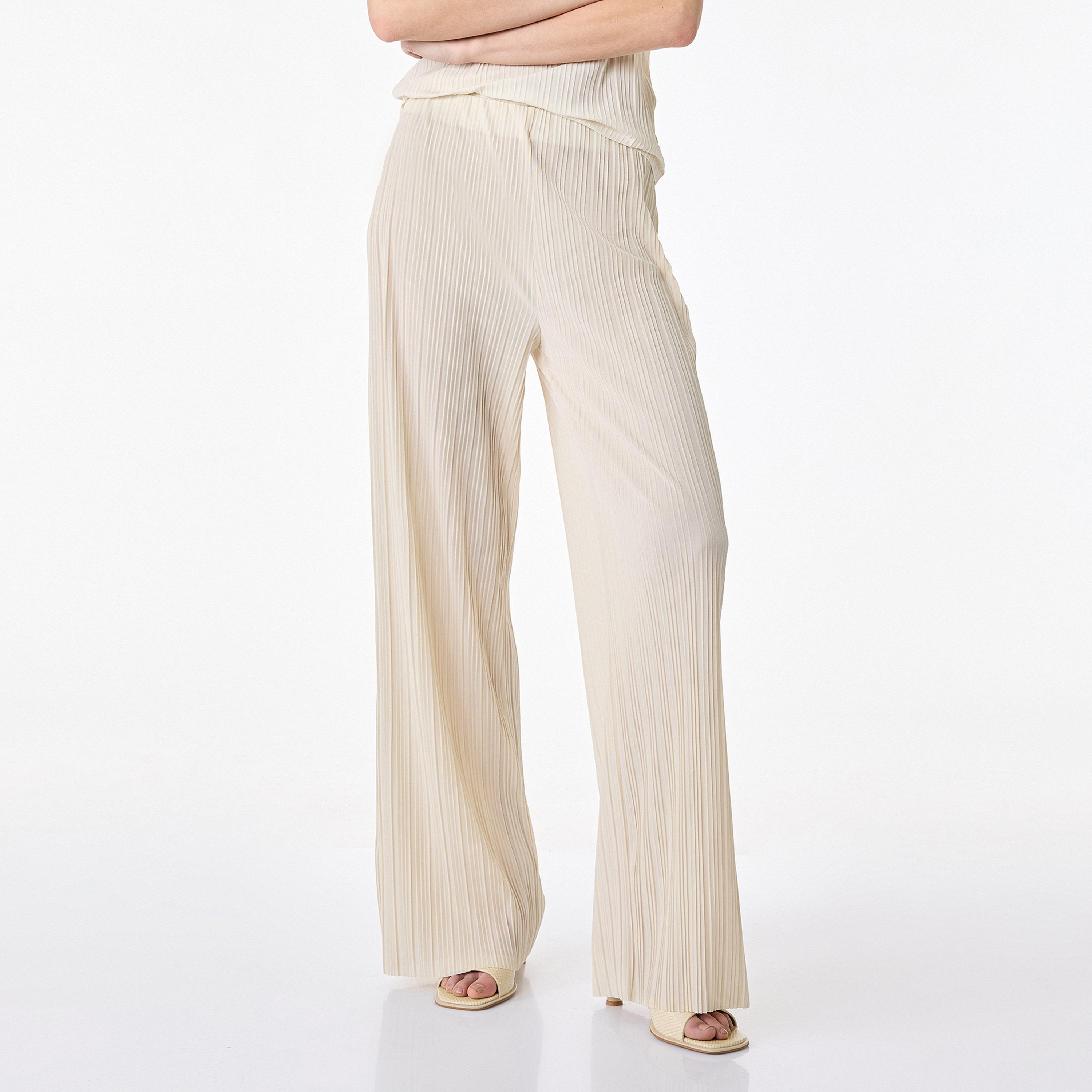 بنطلون نسائي واسع الساق بتصميم "بلاتيد" بكسرات بلون بيج من كوتون-women-clothing-bottoms-trousers-image-1