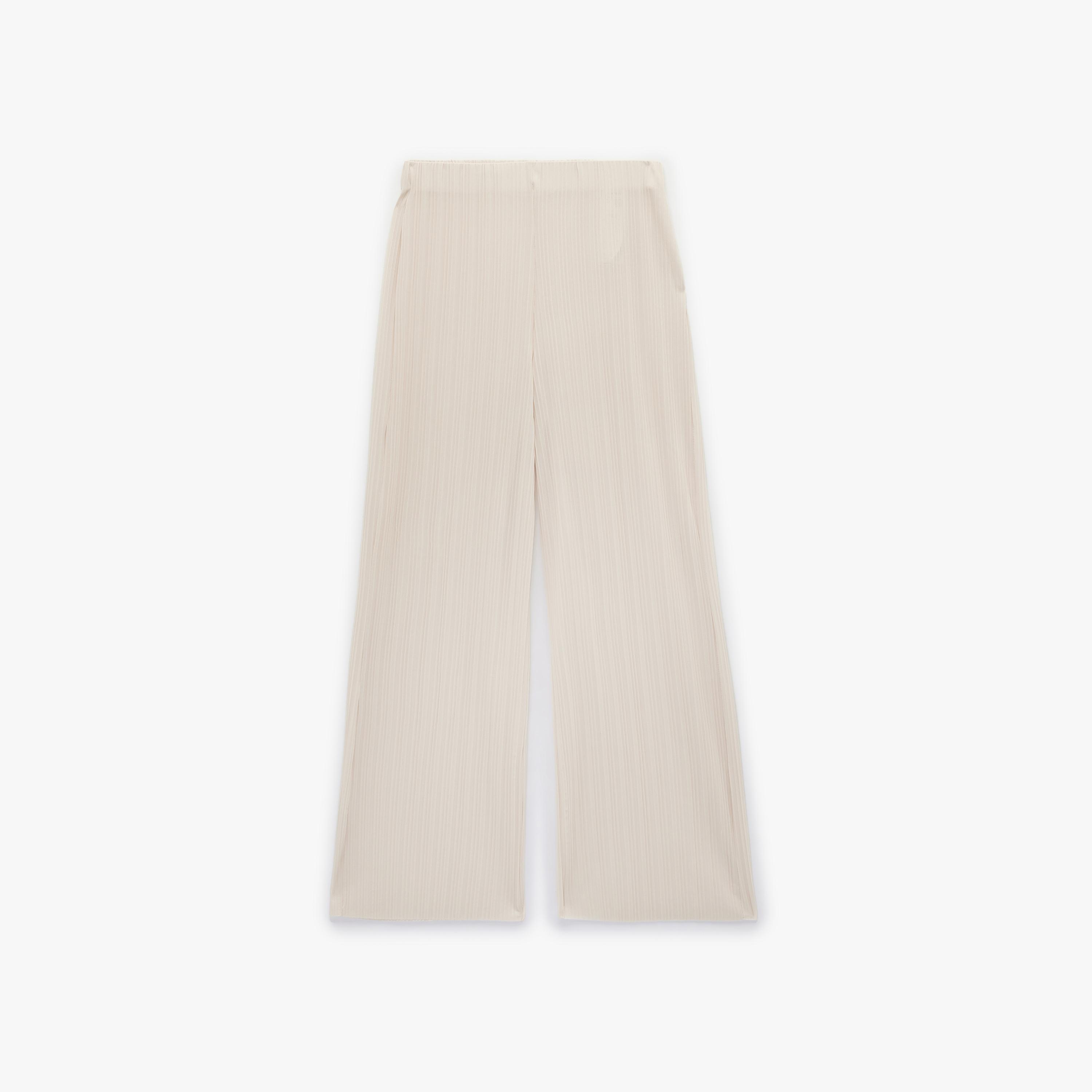 بنطلون نسائي واسع الساق بتصميم "بلاتيد" بكسرات بلون بيج من كوتون-women-clothing-bottoms-trousers-image-4