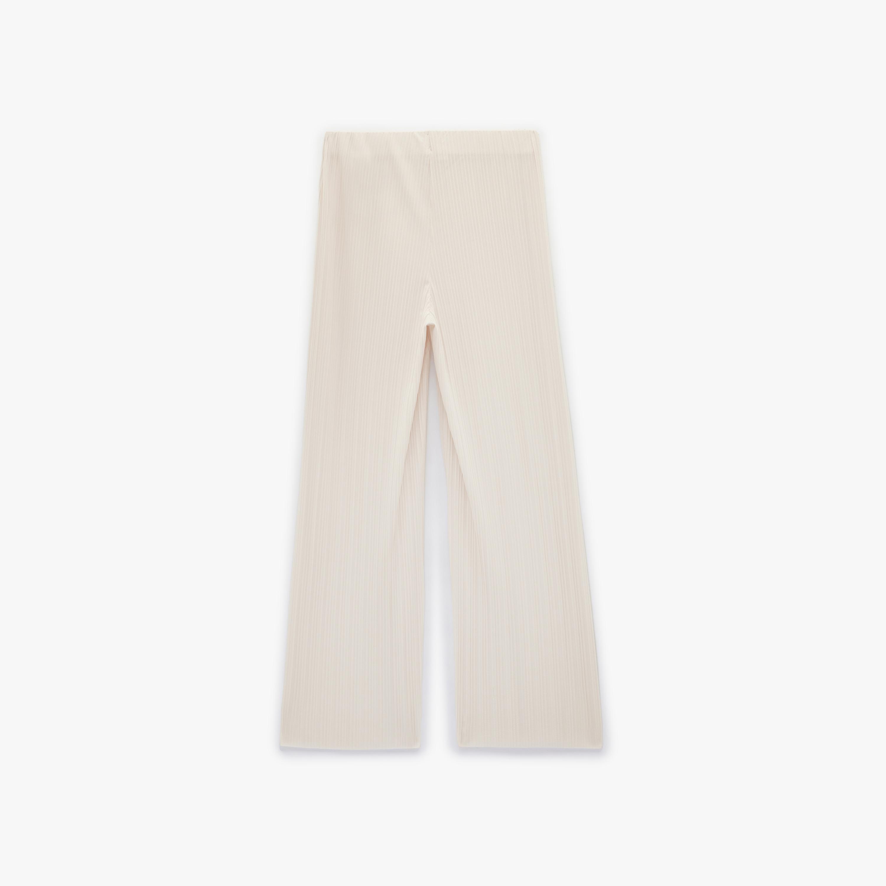 بنطلون نسائي واسع الساق بتصميم "بلاتيد" بكسرات بلون بيج من كوتون-women-clothing-bottoms-trousers-image-5