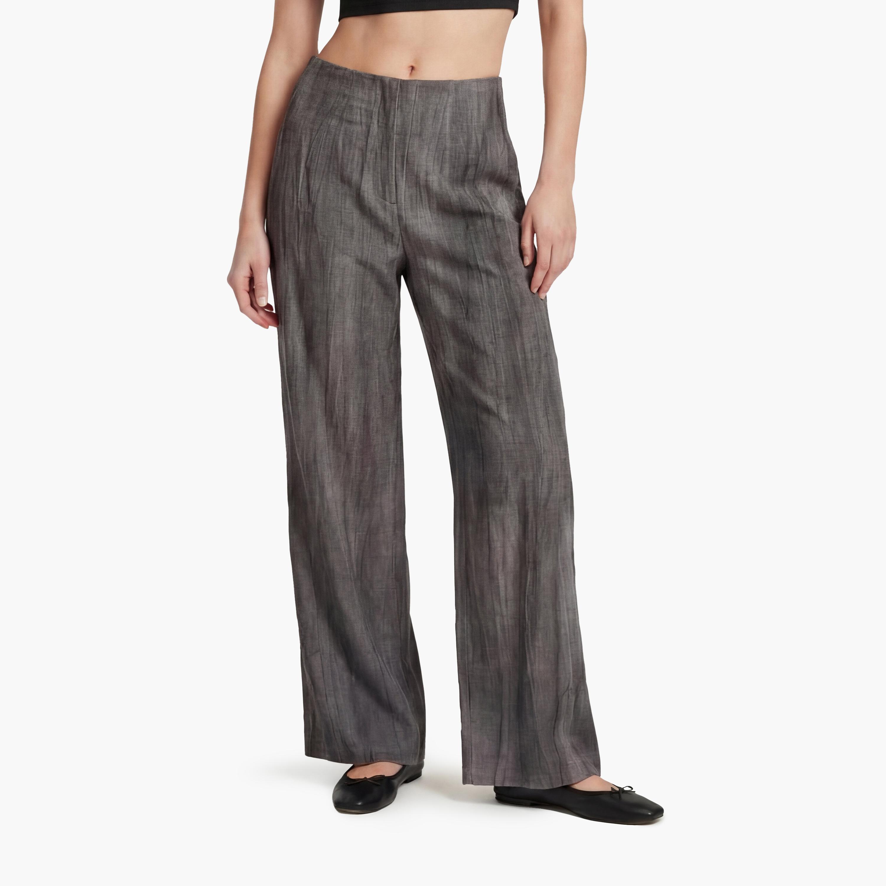 KOTON Grey Crinkled Washed Concealed Zip Straight Women's Trousers-women-clothing-bottoms-trousers-image-1